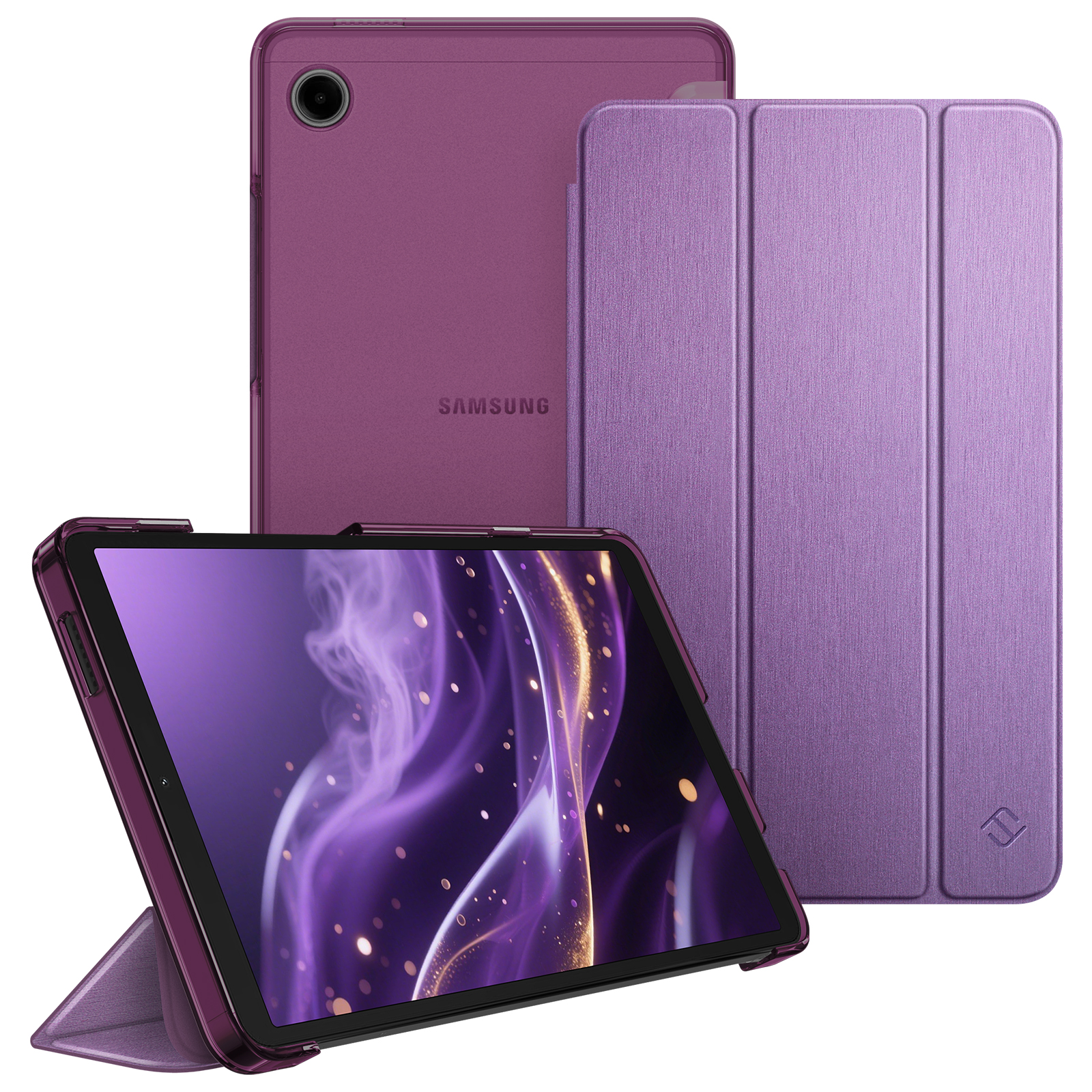 Lila Tablet mit Hülle und Ständer, Samsung-Logo sichtbar. Das Tablet zeigt abstrakte lila Bilder. Die Hüllen sind ebenfalls lila.