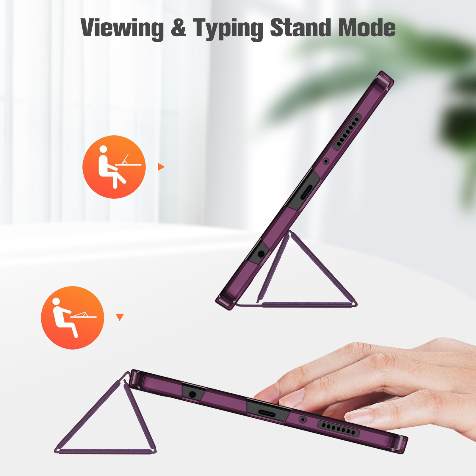 Eine lila Tablet-Hülle im Standmodus. Eine Hand hält das Tablet. Symbole zeigen den Anzeige- und Tippmodus.