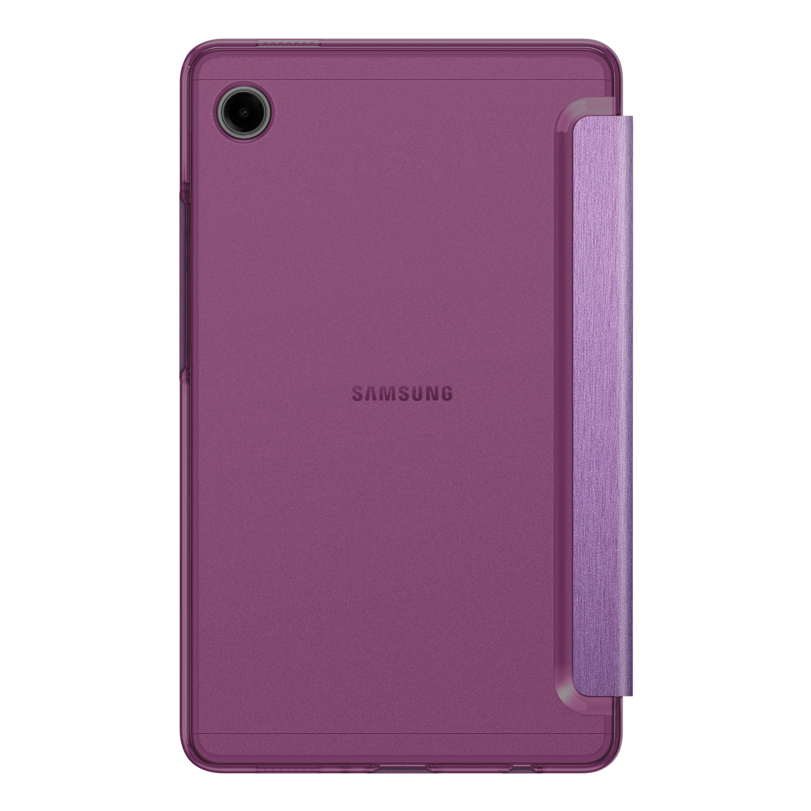 Ein lila Samsung-Tablet in einer Hülle. Die Hülle hat einen helleren Lilaton. Das Samsung-Logo befindet sich auf dem Tablet.