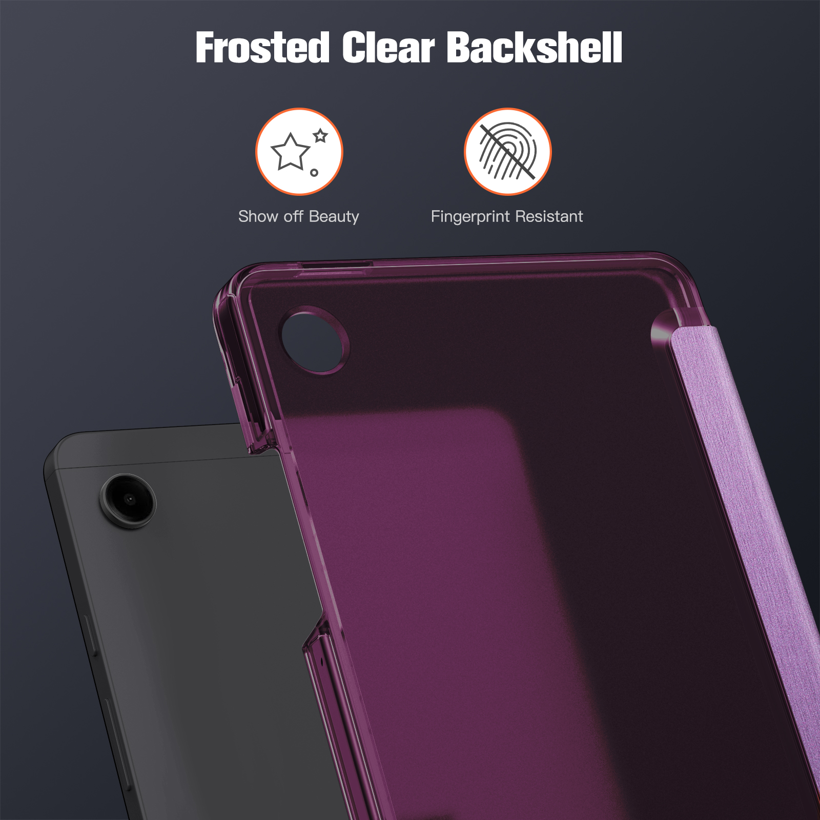 Ein Tablet und eine lila Rückschalenhülle. Der Text lautet 'Frosted Clear Backshell', 'Show off Beauty' und 'Fingerprint Resistant'.