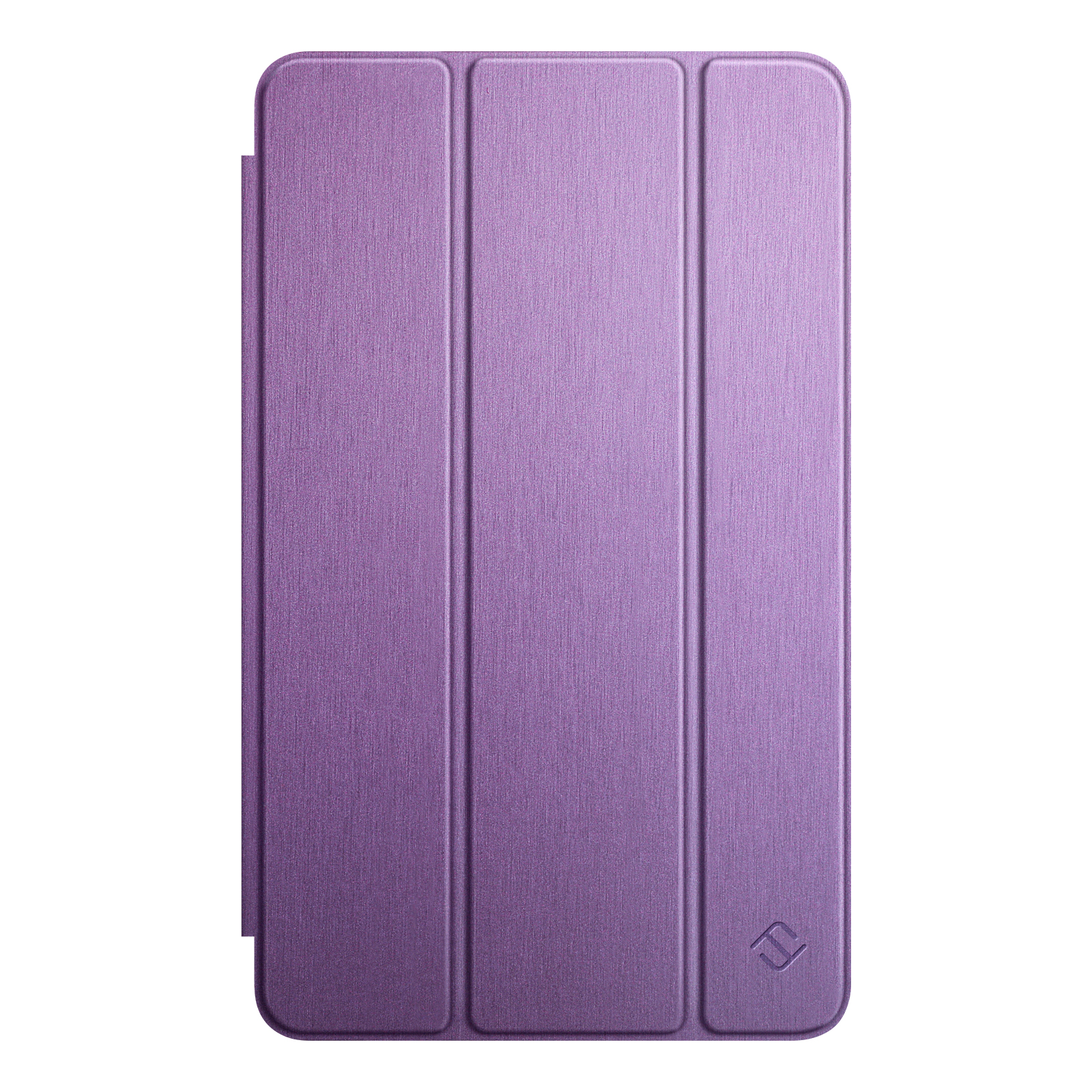 Eine lila Tablet-Hülle, gefaltet. Die Hülle hat eine strukturierte Oberfläche mit drei vertikalen Abschnitten und einem Logo.