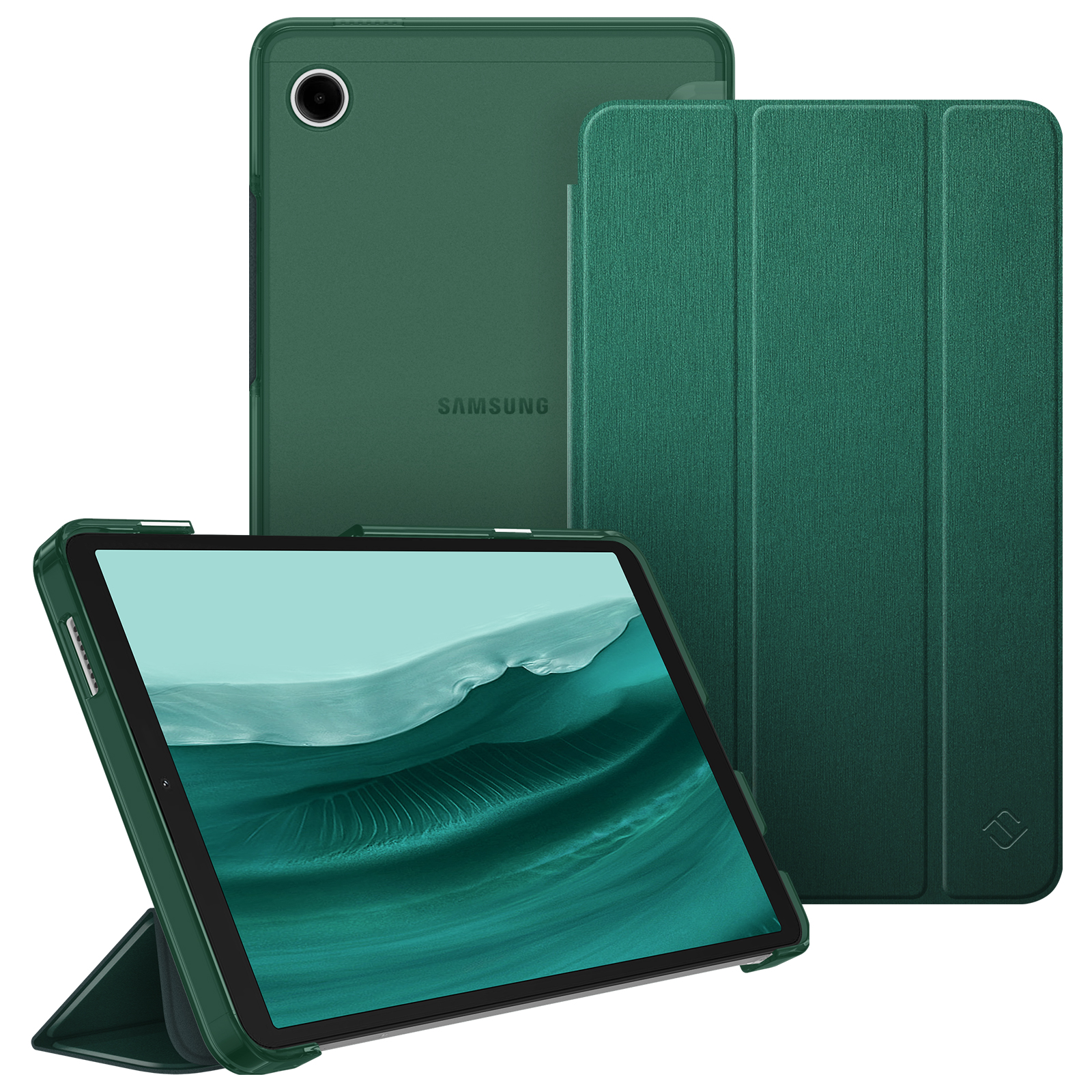 Grünes Tablet mit Hülle und Abdeckung, das das Gerät und sein Schutzzubehör zeigt. Der Bildschirm zeigt eine Landschaft.