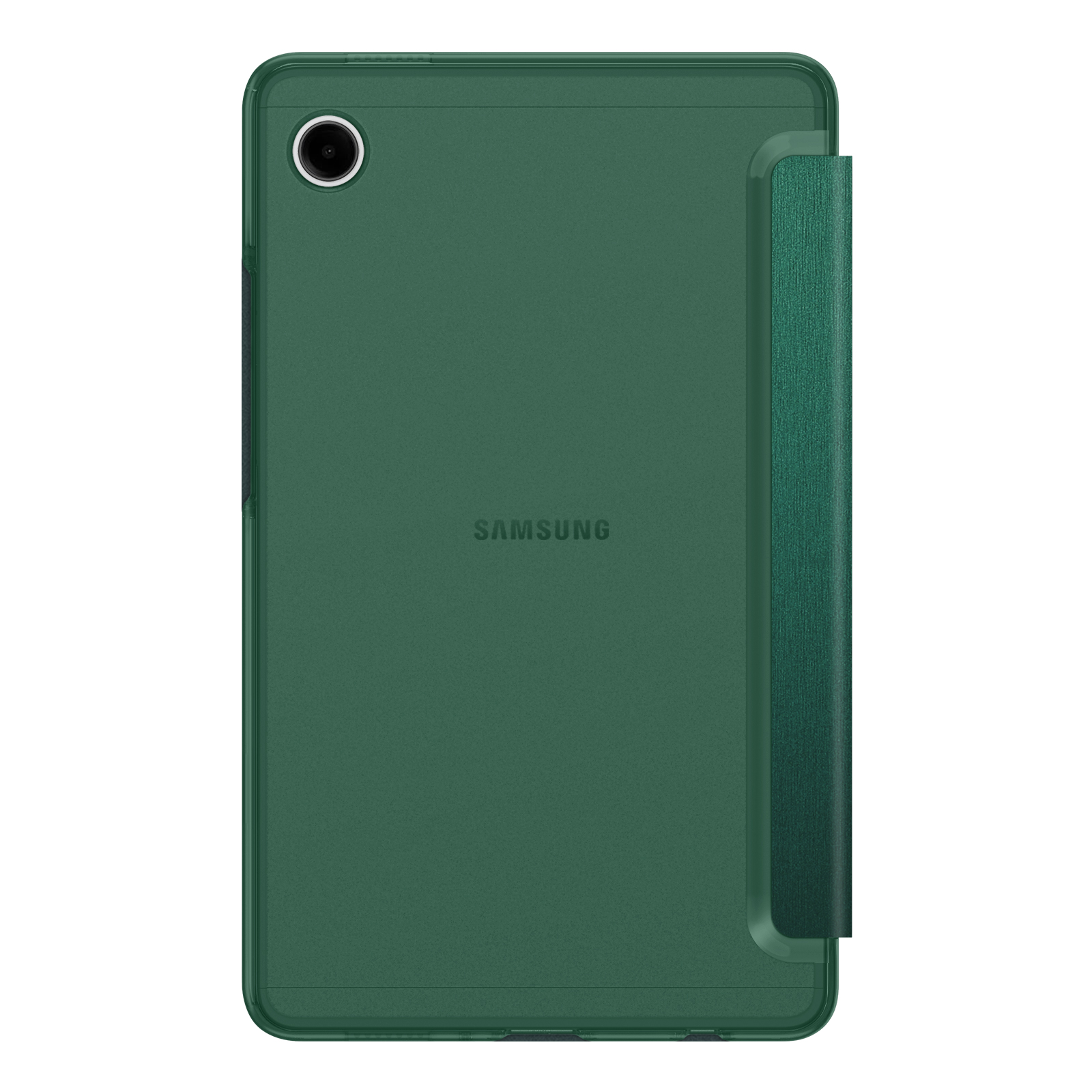 Grünes Samsung-Tablet mit Hülle. Die Hülle ist teilweise geöffnet. Das Samsung-Logo ist sichtbar.