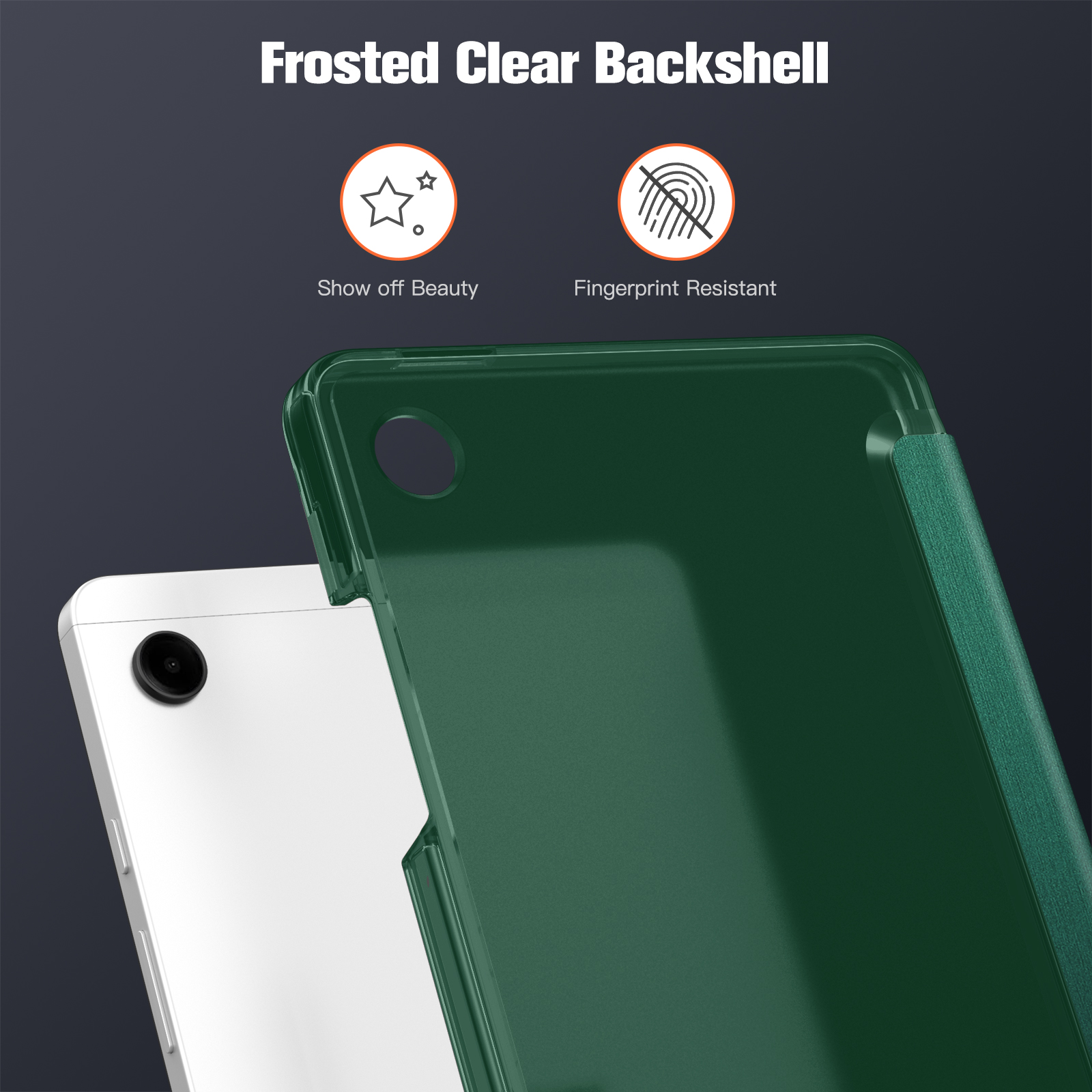 Ein weißes Tablet mit grüner Hülle. Text: 'Frosted Clear Backshell', 'Show off Beauty' und 'Fingerprint Resistant'.
