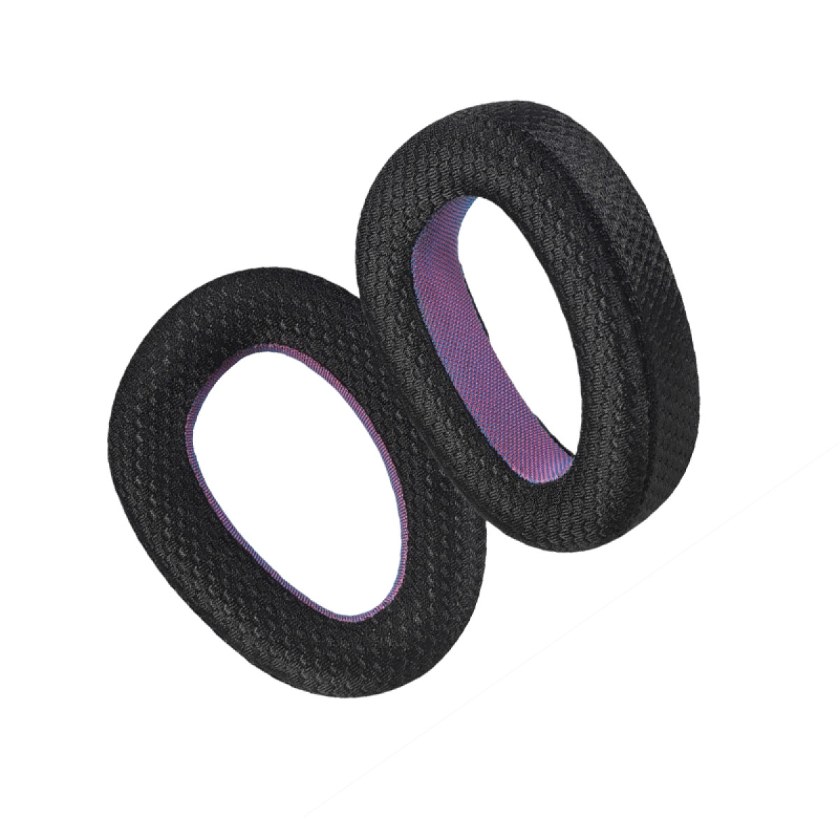 Due cuscinetti auricolari neri, circolari, con superficie strutturata e rivestimento interno viola-blu su sfondo bianco.