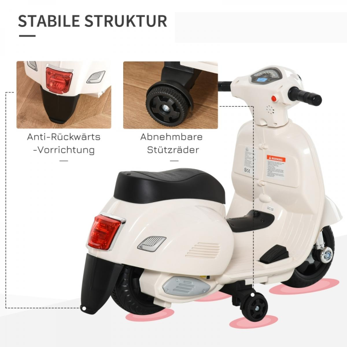 Ein weißer Spielzeugroller mit schwarzem Sitz. Er hat Stützräder und rote Rücklichter. Der Roller steht auf einer rosa Oberfläche.
