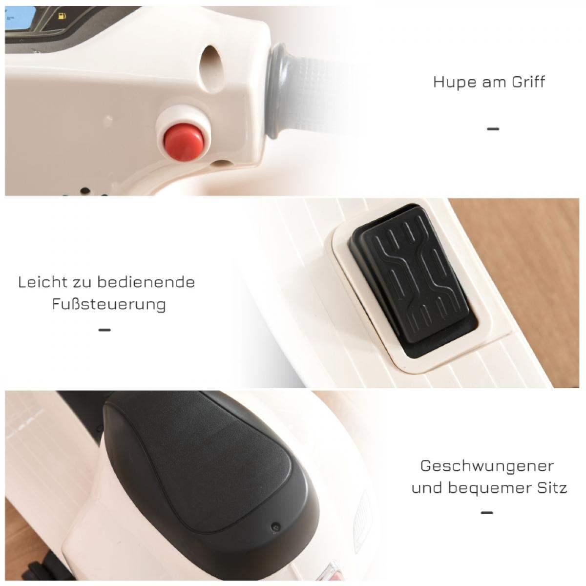 Nahaufnahme eines Spielzeugautos mit rotem Knopf, Fußsteuerung, geschwungenem Sitz und Hupe am Griff. Teile sind weiß und schwarz.