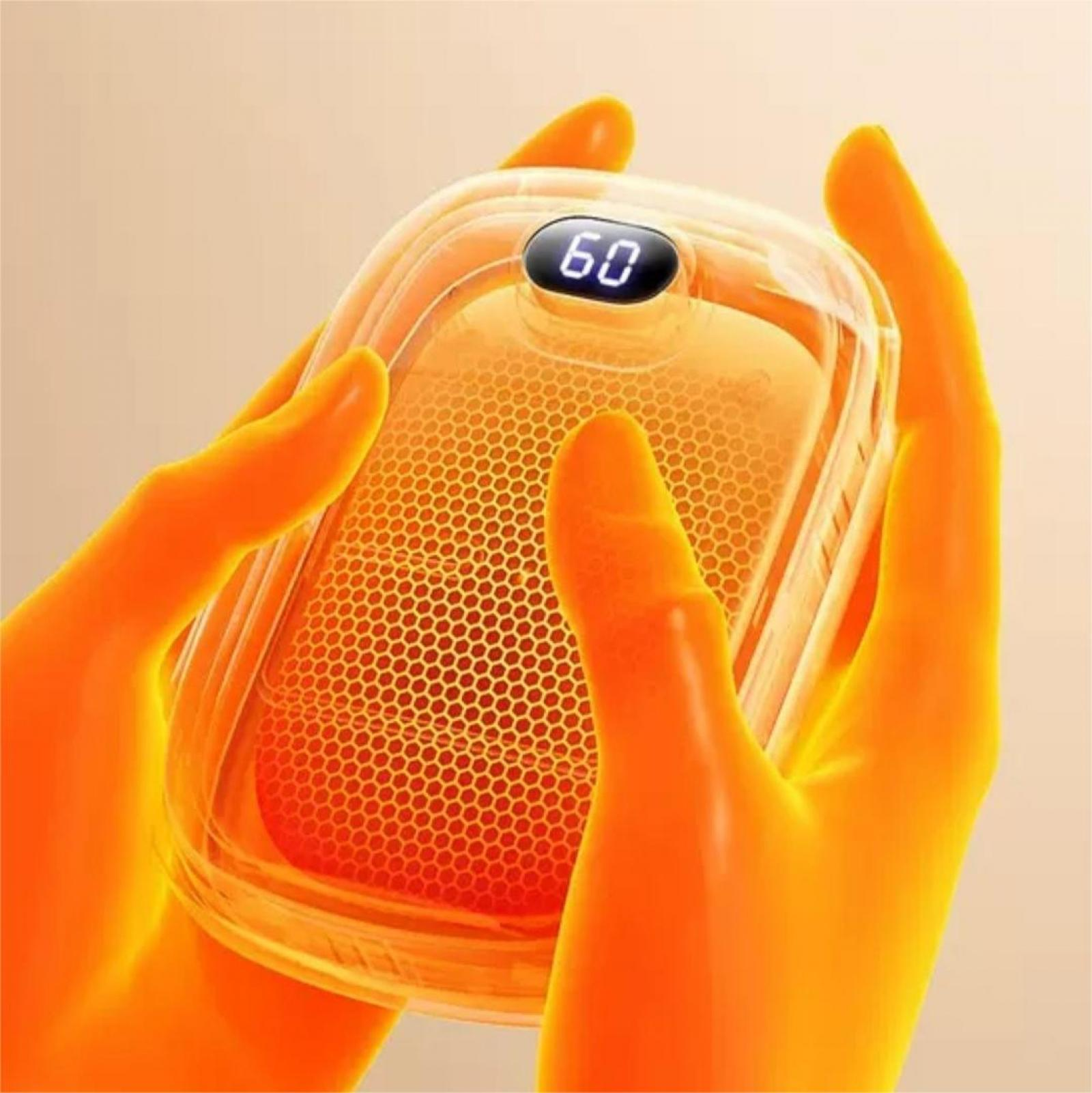 Hände halten ein warmes orangefarbenes Gerät mit einer Digitalanzeige mit der Aufschrift '60'.