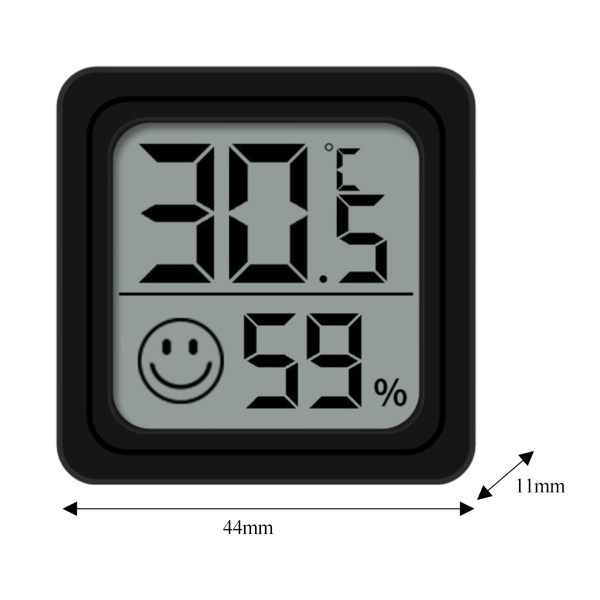 Schwarzes digitales Thermometer mit 30,5°C und 59%. Ein Smiley ist vorhanden. Abmessungen sind 44 mm x 11 mm.