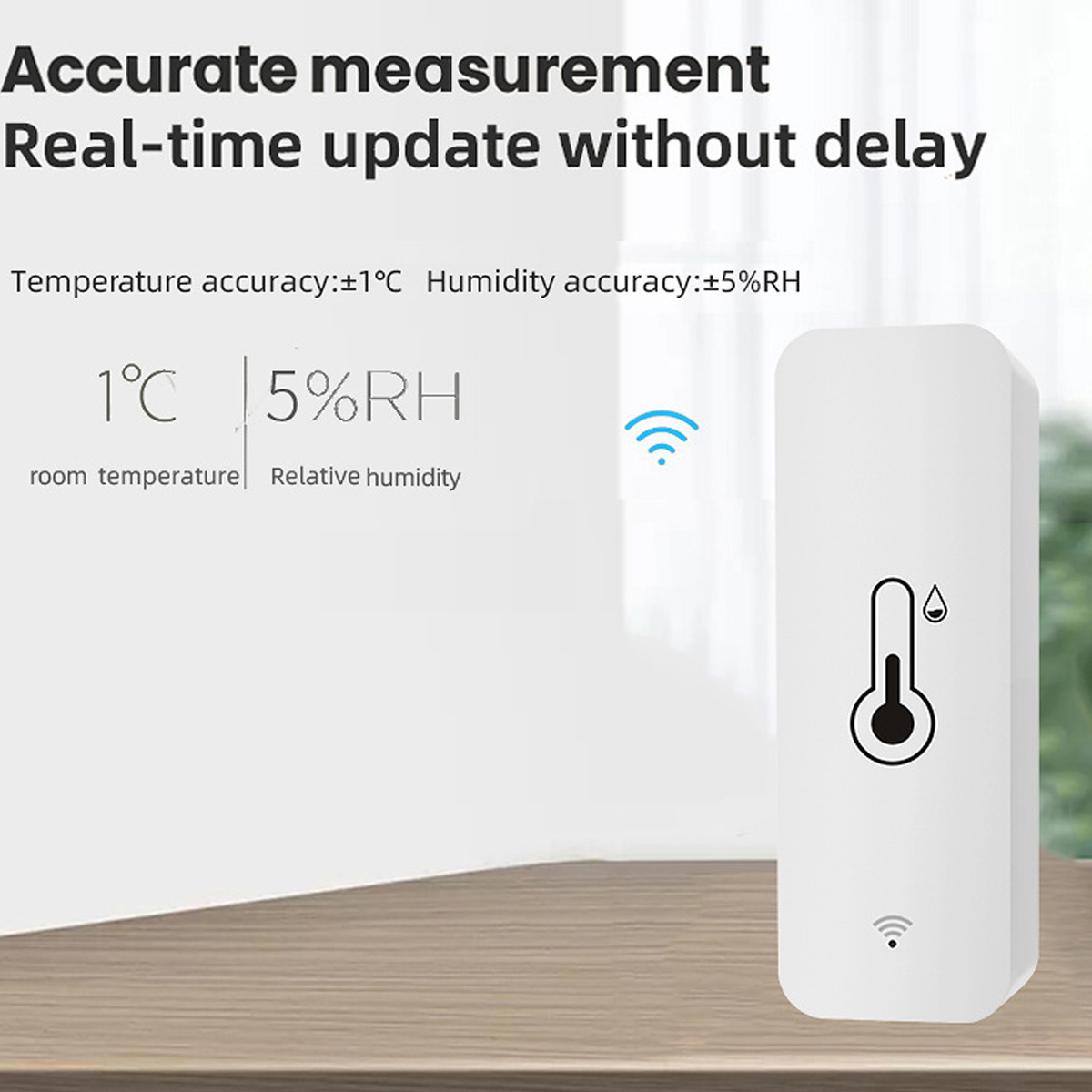 Ein weißer Temperatur- und Feuchtigkeitssensor. Text lautet: Genaue Messung, Echtzeit-Update, 1°C, 5%RH. Ein WLAN-Symbol ist ebenfalls vorhanden.