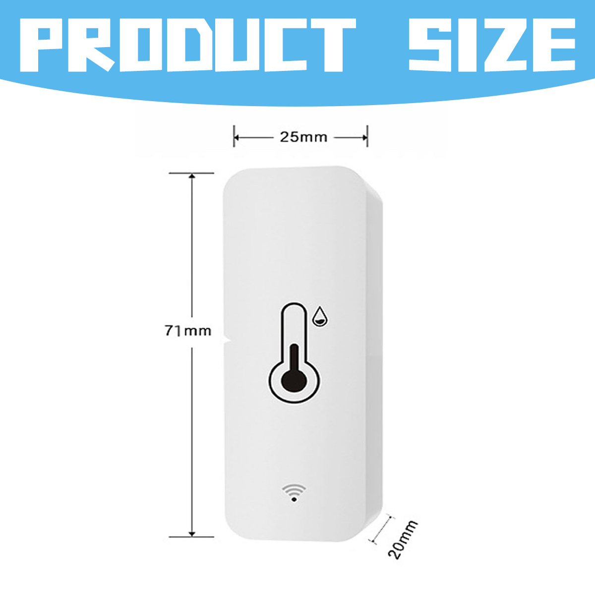 Ein weißes Produkt mit beschrifteten Abmessungen. Es zeigt ein Thermometer und ein WLAN-Symbol.