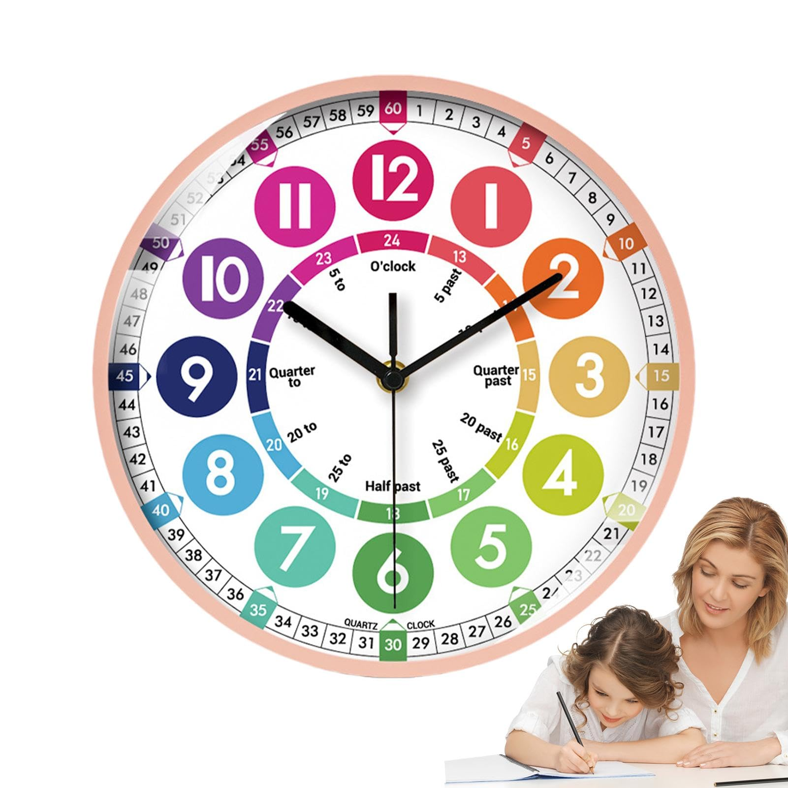 Eine Uhr zeigt 2:10 Uhr. Eine Frau und ein Mädchen sitzen an einem Tisch. Das Mädchen schreibt.