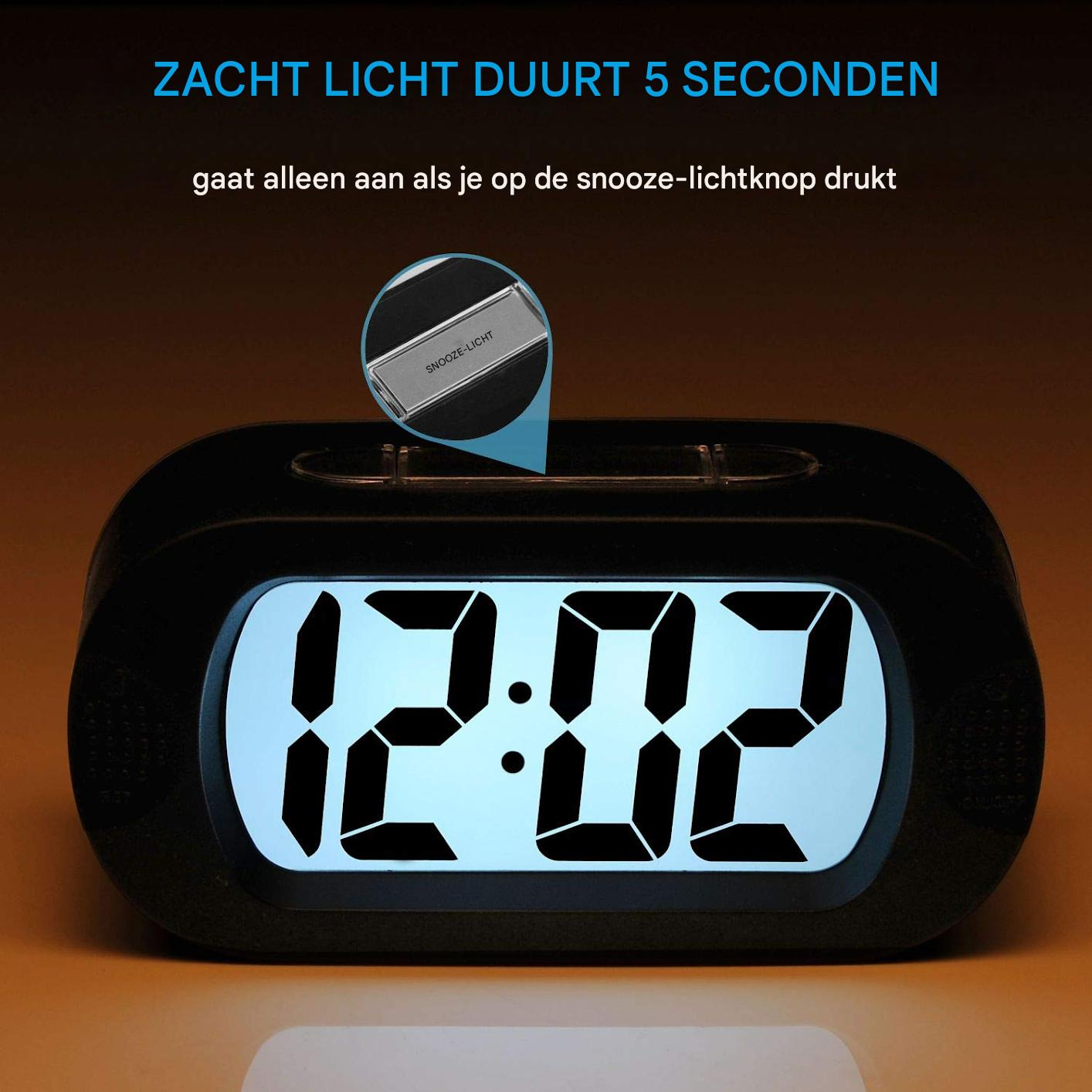 Un orologio digitale mostra le 12:02. Il testo in alto dice 'La luce soffusa dura 5 secondi'. Viene mostrato un pulsante con l'etichetta 'Snooze-Light'.