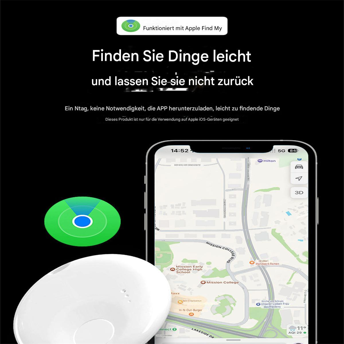 Ein iPhone zeigt eine Karte mit einer Standortmarkierung. Ein weißes Ortungsgerät ist im Vordergrund, und Text auf Deutsch steht oben.