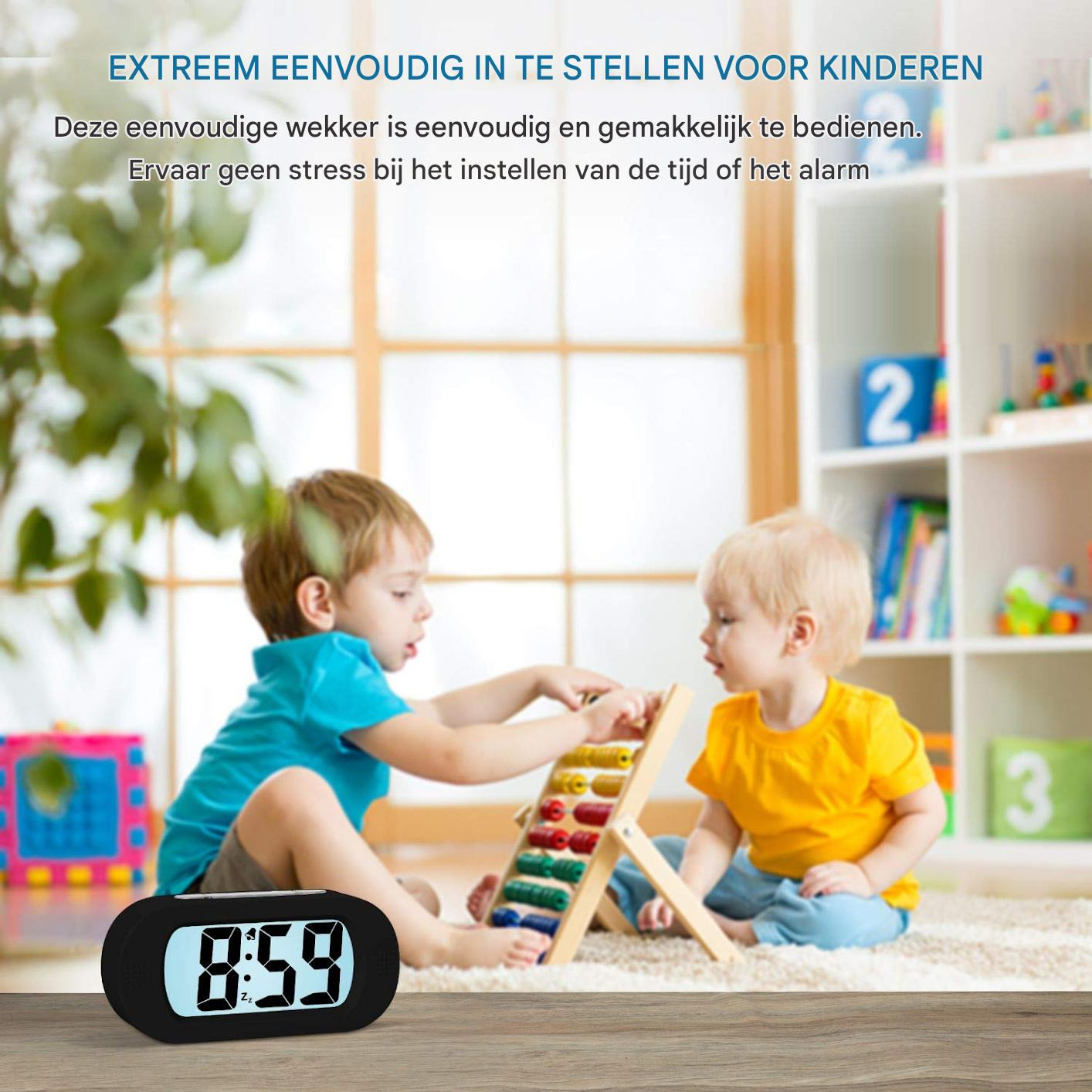 Due bambini giocano con un abaco. Un orologio digitale mostra le 8:59. Il testo recita: Facile da impostare per i bambini.