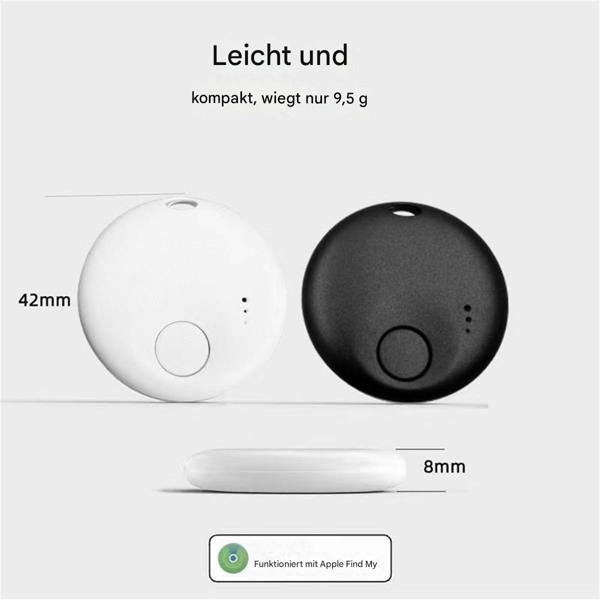Zwei runde Finder, weiß und schwarz, mit Größenangaben. Text: 'Leicht und kompakt, wiegt nur 9,5 g'.