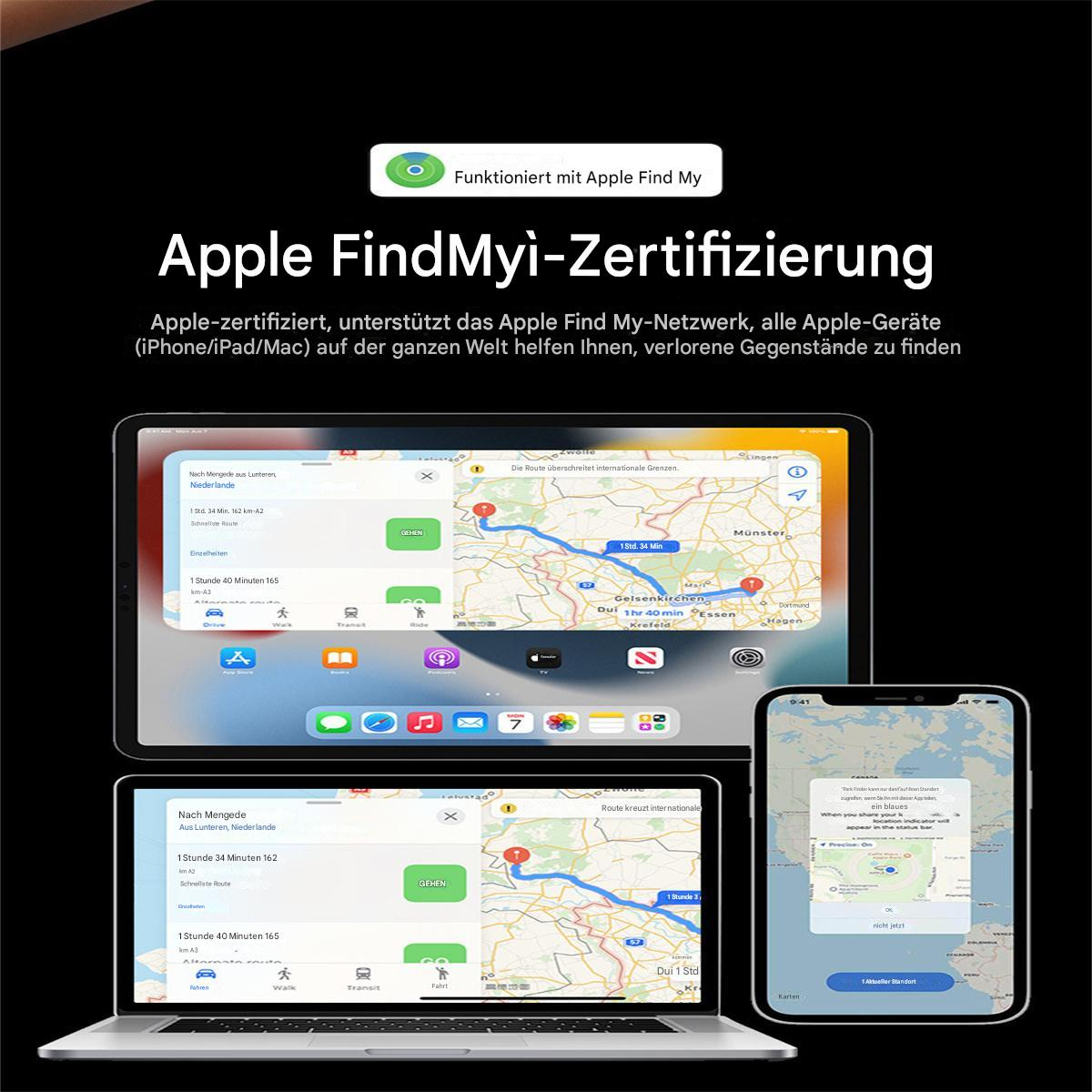 Drei Apple-Geräte mit Karten und Find My-Oberfläche. Der Text lautet FindMyi-Zertifizierung.