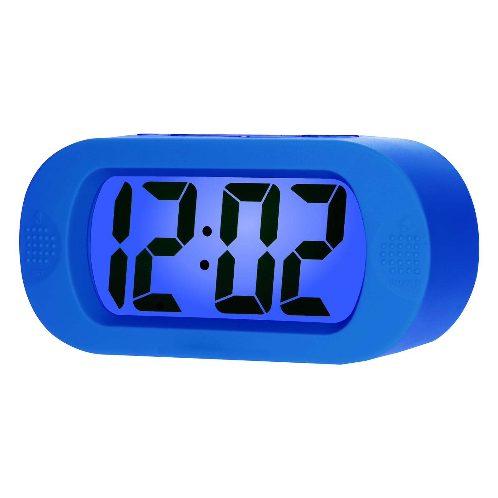 Una sveglia digitale blu che mostra le 12:02. L'orologio ha un design arrotondato con pulsanti per il ripristino e l'accensione/spegnimento.