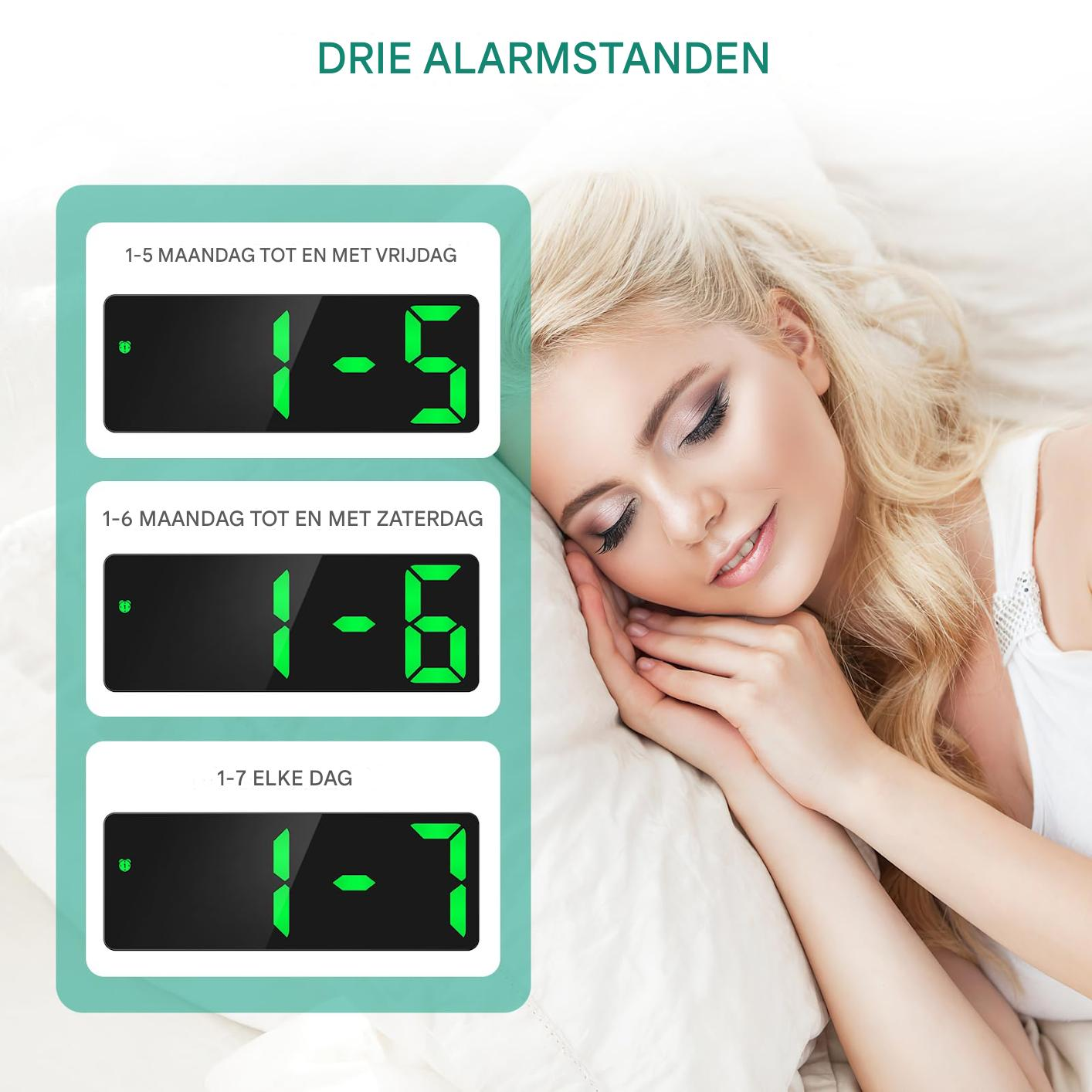 Eine schlafende Frau neben drei Weckanzeigen. Die Anzeigen zeigen verschiedene Tage für den Alarm an. Der Text ist auf Niederländisch.