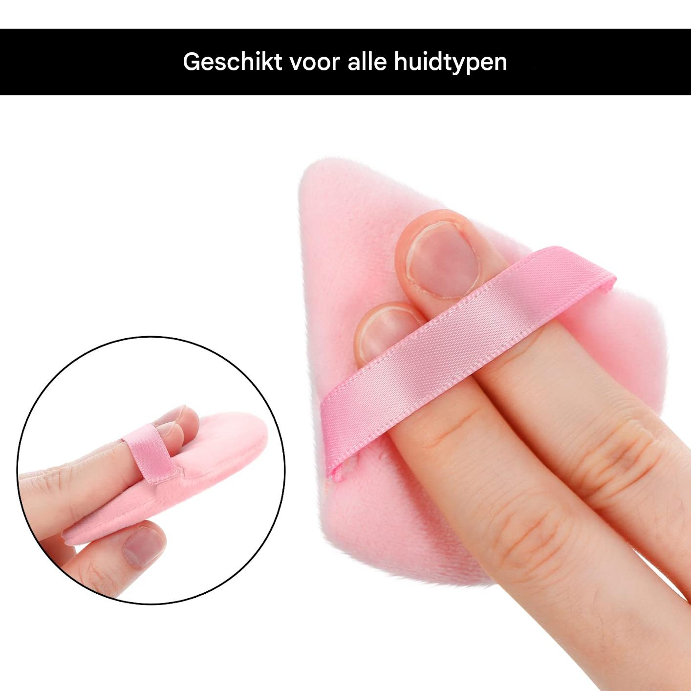 Una mano tiene un piumino rosa con un nastro. Il testo 'Geschikt voor alle huidtypen' è in alto nell'immagine.