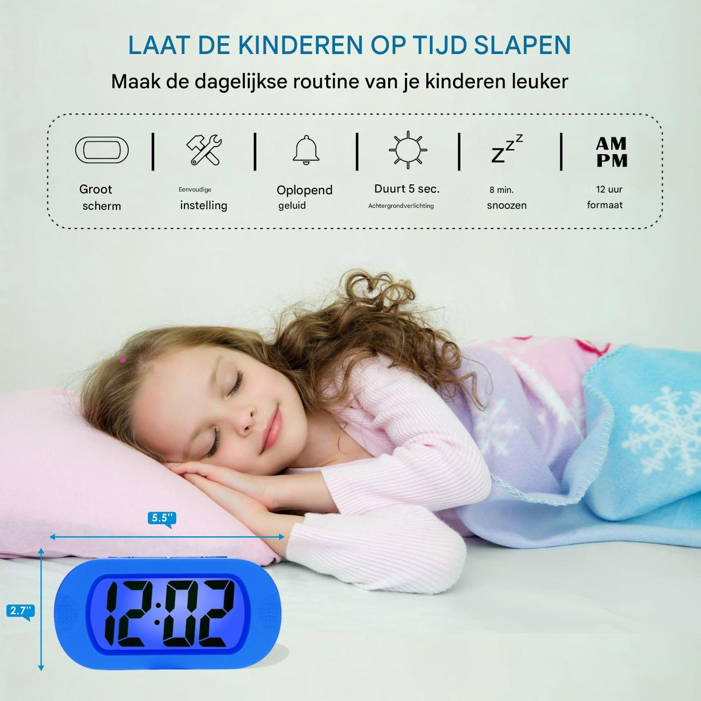 Una ragazza dorme con una sveglia blu che mostra le 12:02. Il testo promuove l'orario del sonno di un bambino. Sono presenti varie icone.