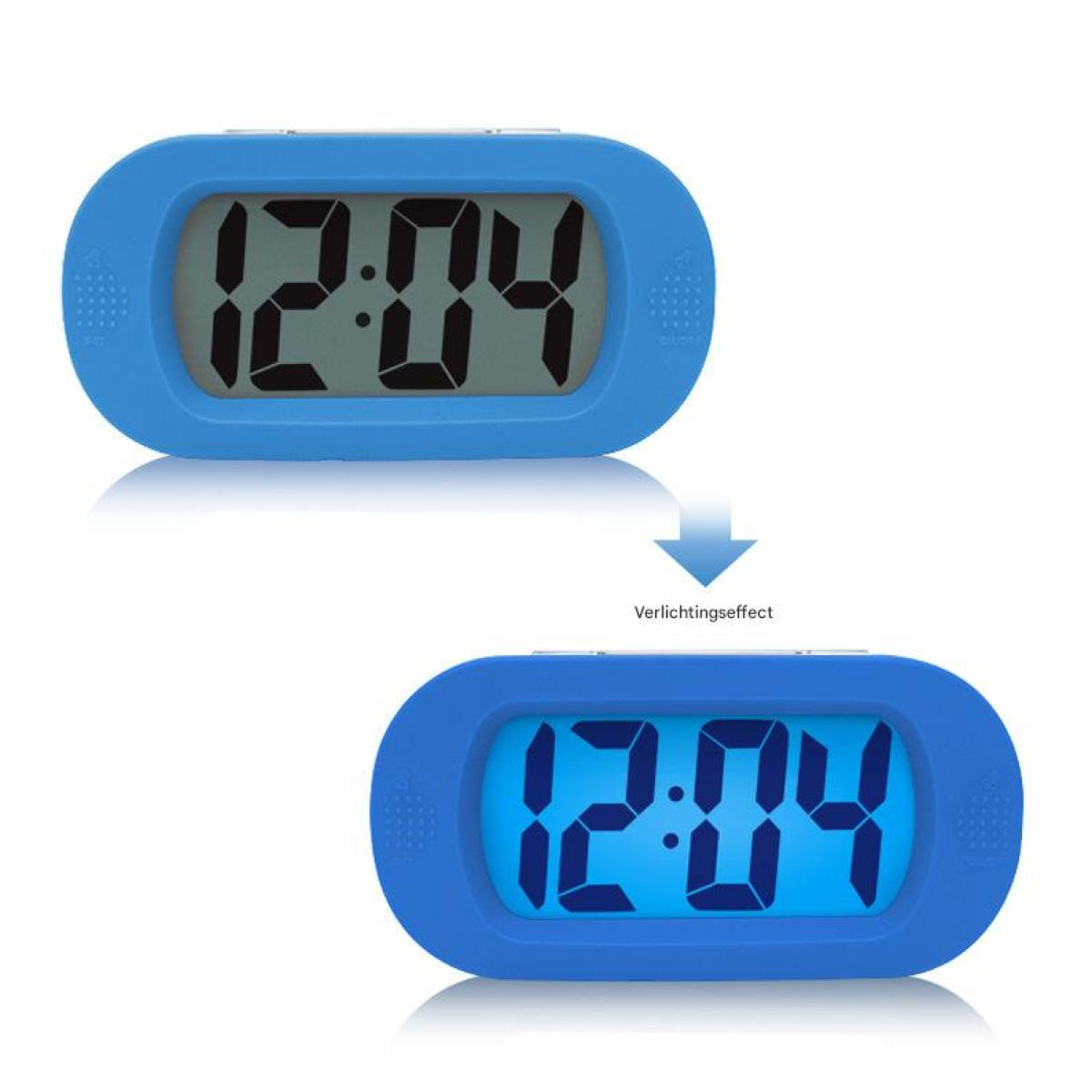 Due orologi digitali blu che mostrano le 12:04. Uno con display grigio, l'altro con display blu. Freccia indica l'effetto luce.