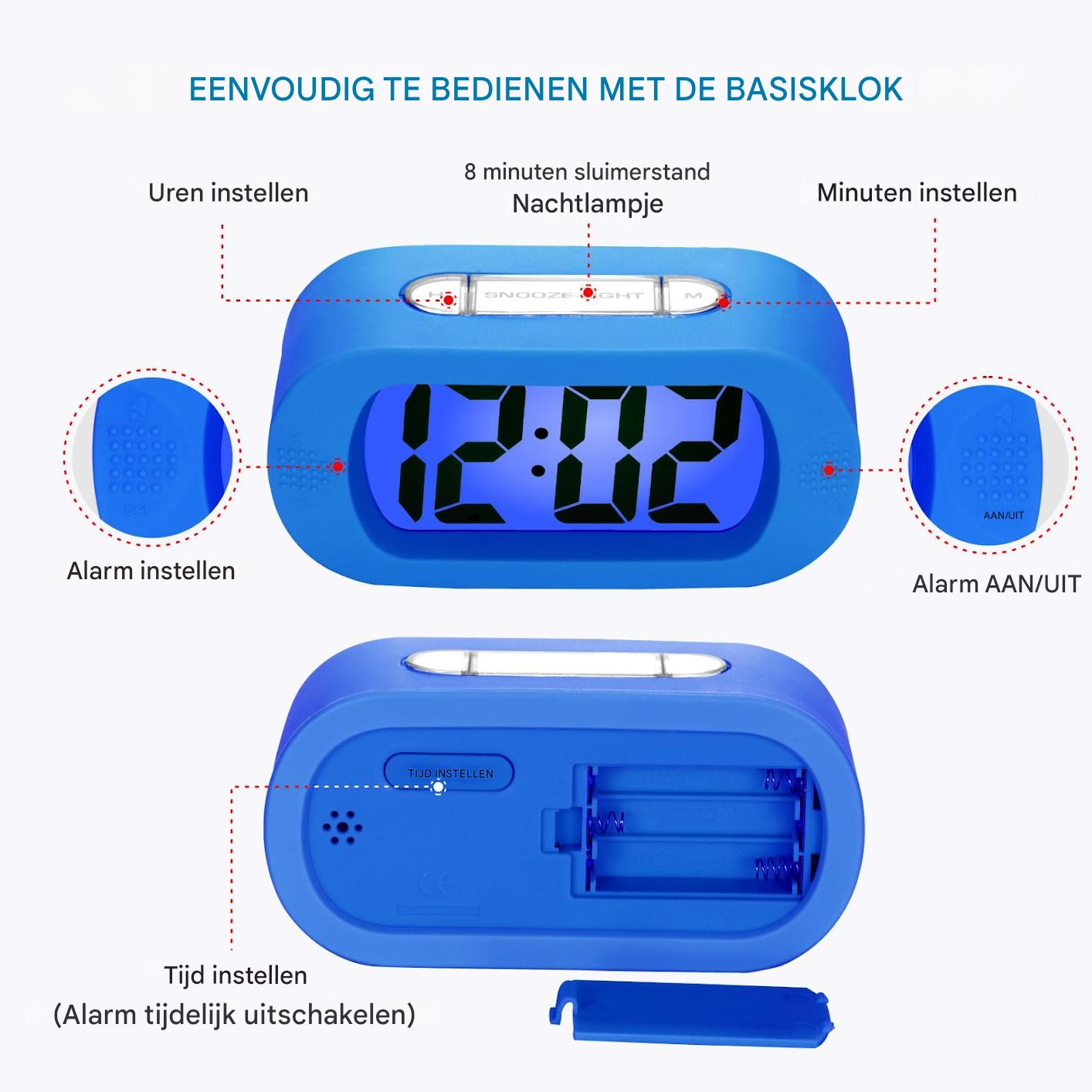 Sveglia digitale blu con pulsanti e display, che mostra l'ora. Le annotazioni evidenziano funzioni come allarme e impostazione dell'ora.
