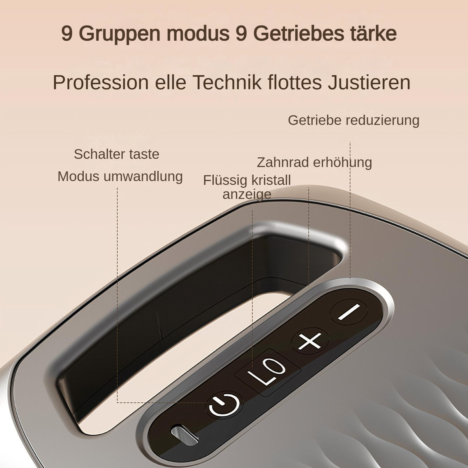 Nahaufnahme eines Geräts mit Tasten und einem Bildschirm. Text auf Deutsch zeigt Einstellungen und Funktionen.