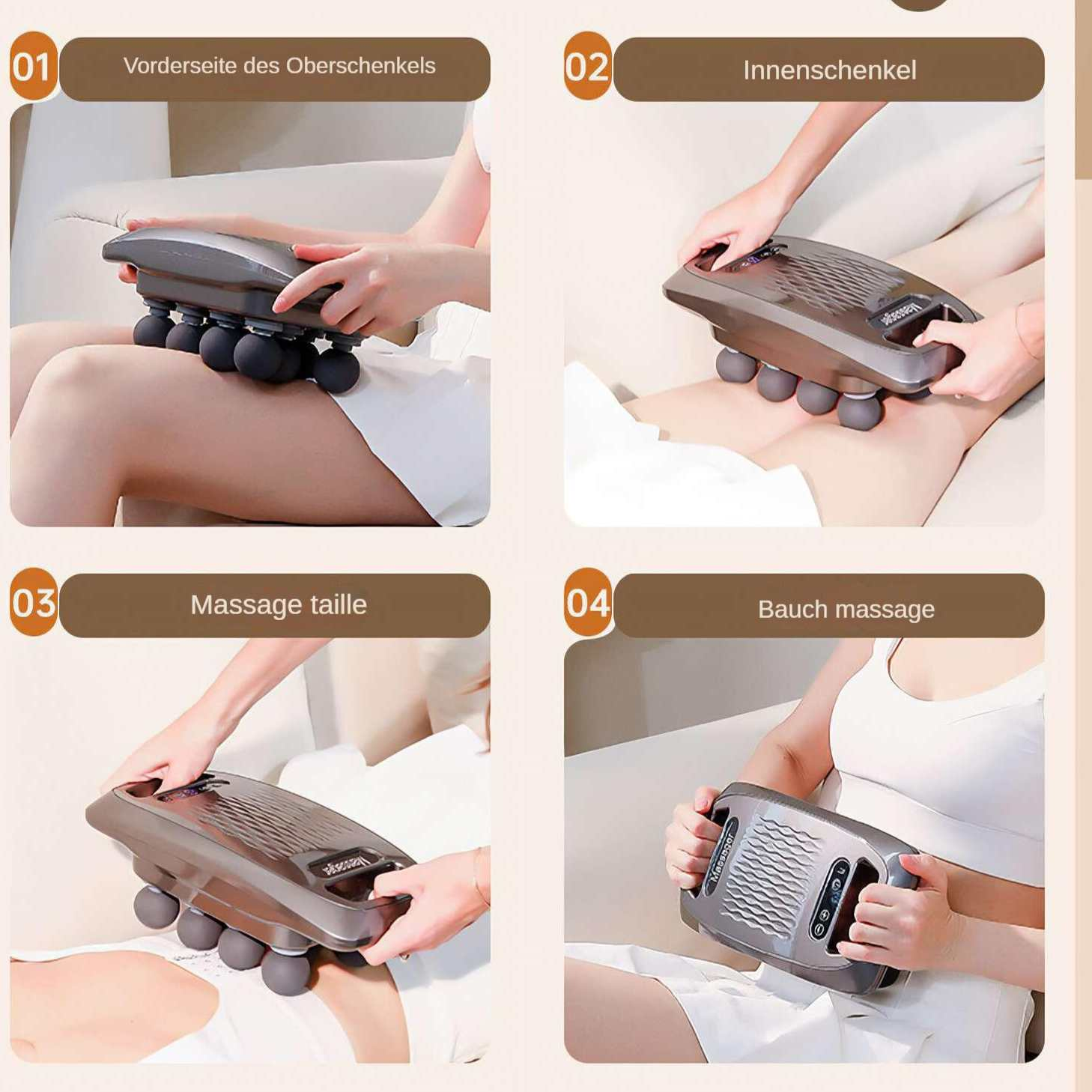Das Bild zeigt ein Massagegerät, das an verschiedenen Körperteilen verwendet wird: Oberschenkel, Innenseite, Taille und Bauch.
