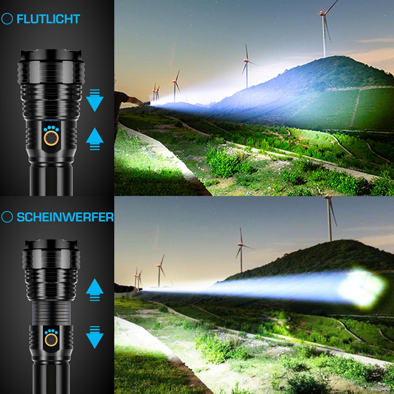 Eine Taschenlampe mit zwei Modi: Flutlicht und Scheinwerfer, die eine Landschaft mit Windkraftanlagen auf einem Hügel bei Nacht beleuchtet.