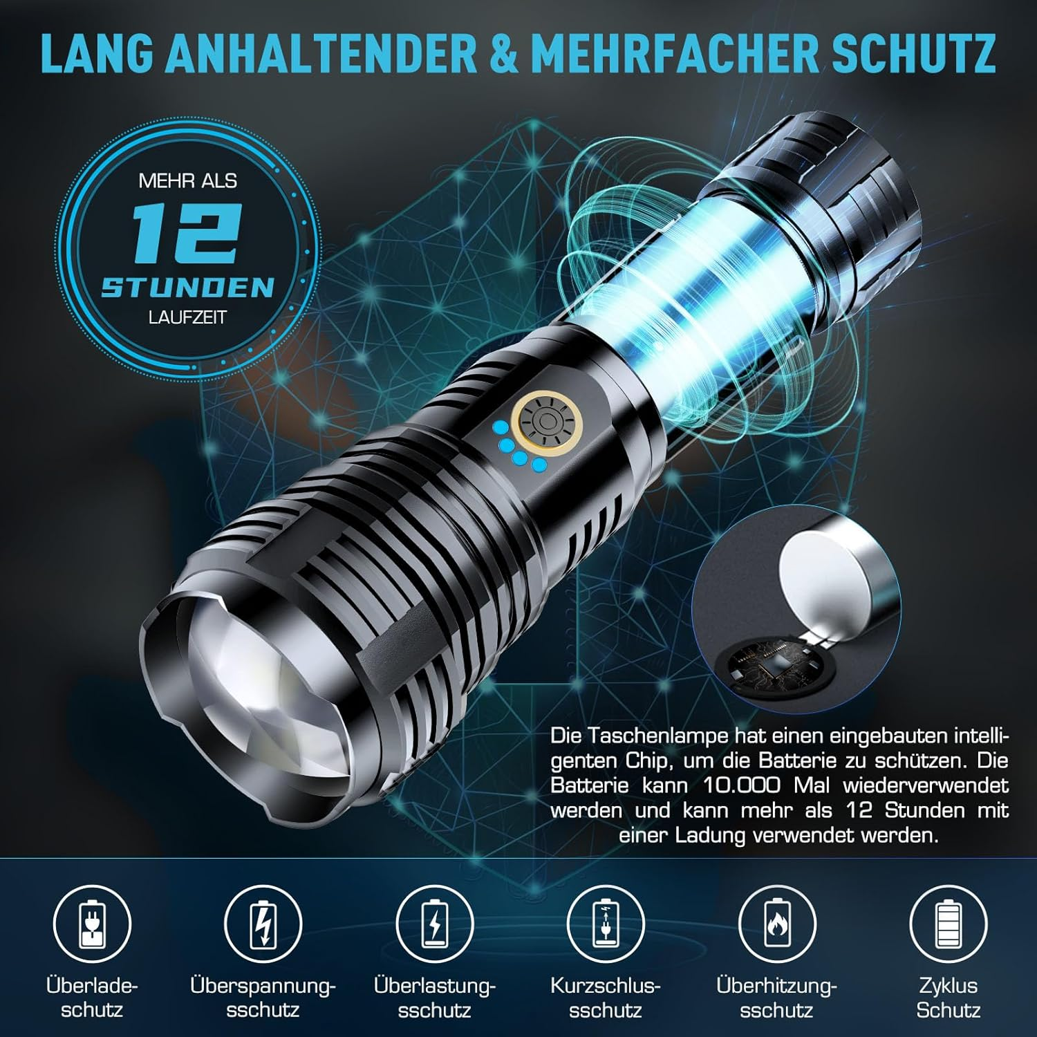 Eine schwarze Taschenlampe mit blauen Akzenten und einer kreisförmigen Grafik mit '12 STUNDEN LAUFZEIT'. Text erwähnt mehrere Schutzmaßnahmen.
