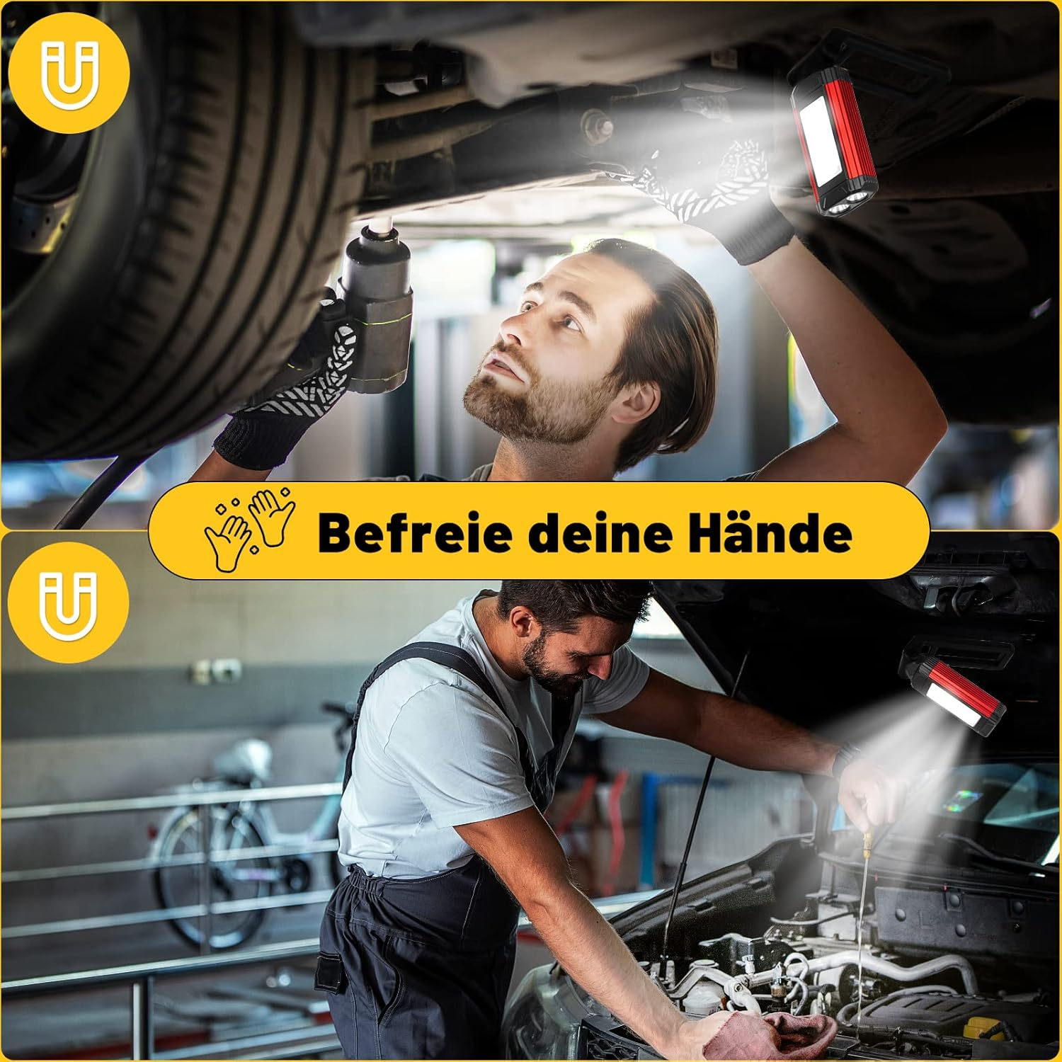 Mechaniker, die mit einer Taschenlampe an einem Auto arbeiten. Einer arbeitet unter dem Auto, ein anderer im Motorraum. Text: Befreie deine Hände.