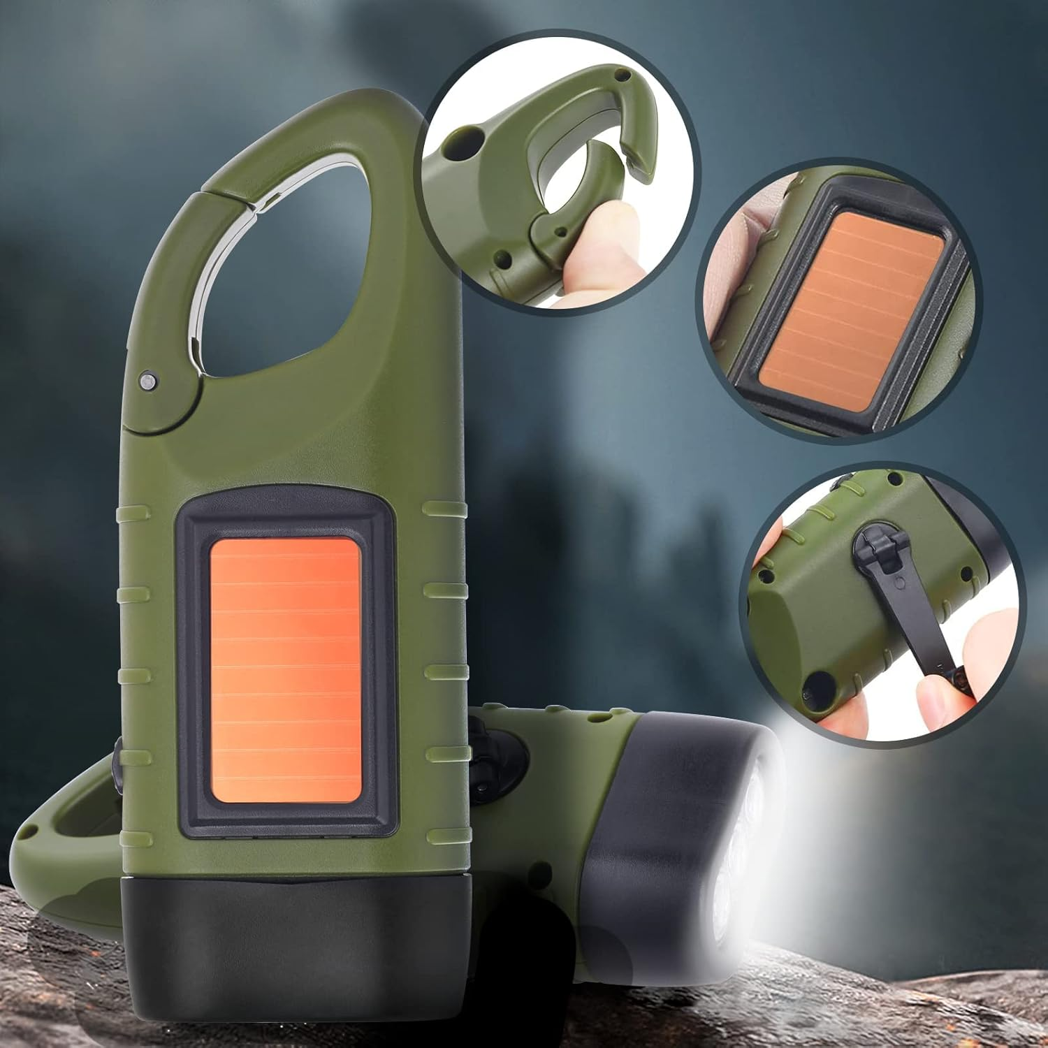 Grüne Taschenlampe mit Solarpanel und Griff. Merkmale sind ein Haken und ein Licht. Nahaufnahmen zeigen Details der Teile.