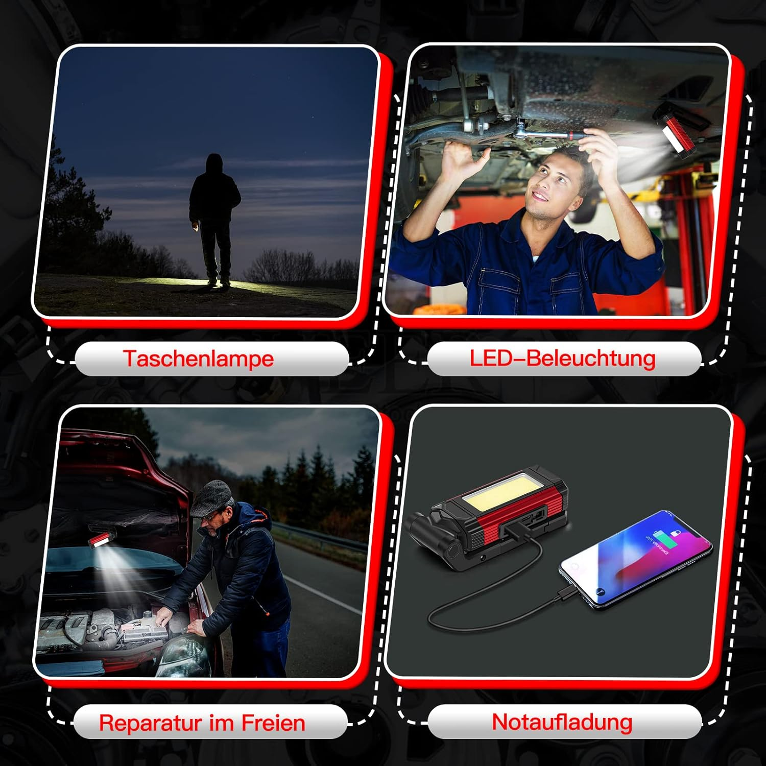 Das Bild zeigt vier Szenarien: eine Person mit einer Taschenlampe bei Nacht, einen Mechaniker, Autoreparatur und eine Powerbank, die ein Telefon auflädt.