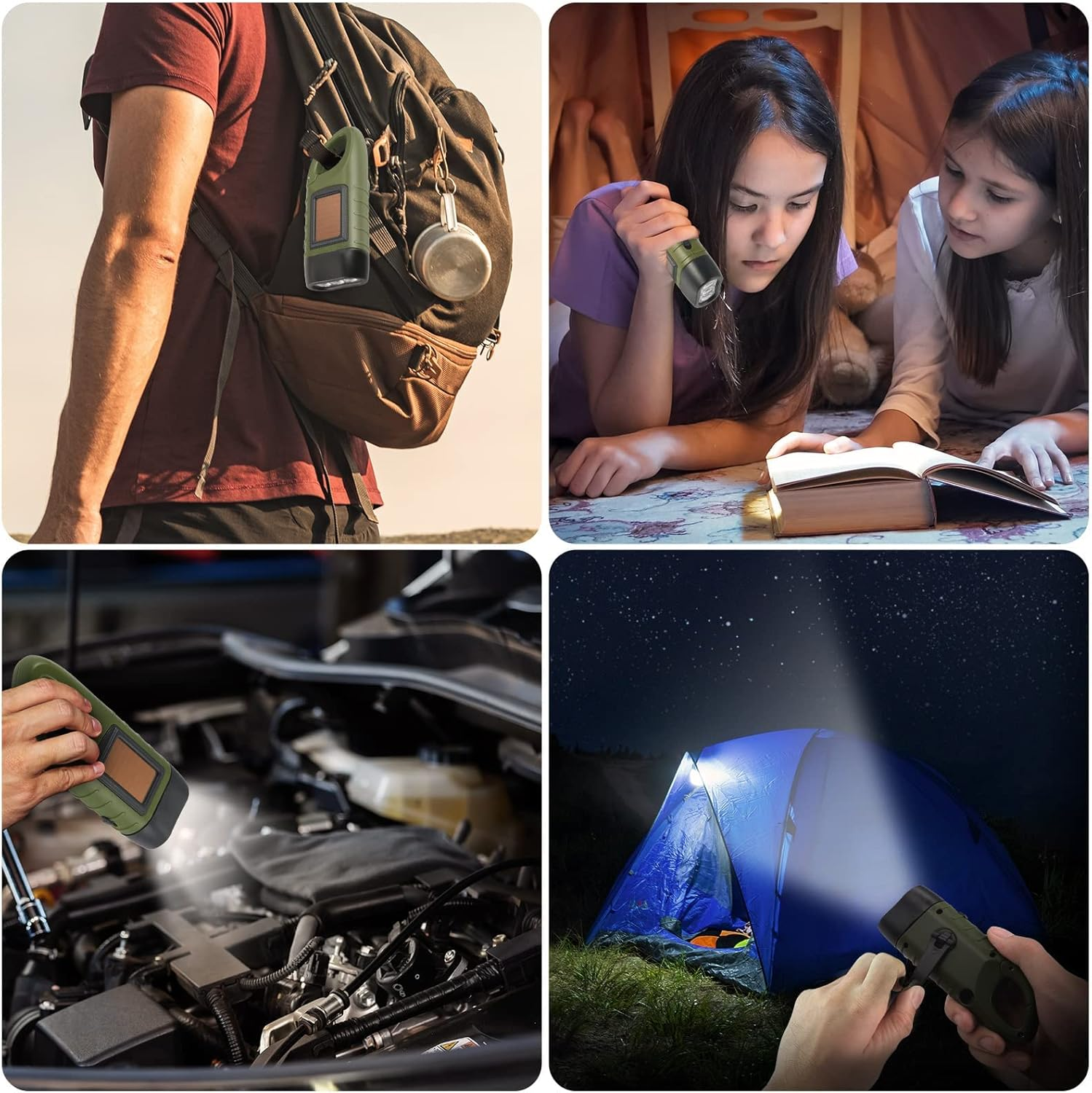 Collage von vier Bildern. Eine Person mit Rucksack, zwei Mädchen mit einem Buch, eine Taschenlampe in einem Auto und ein Zelt mit einer Taschenlampe.