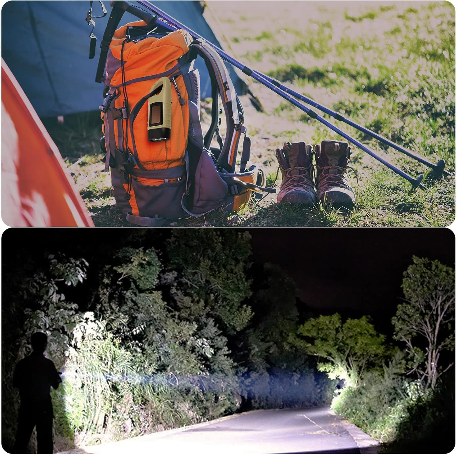 Oben: Rucksack, Stiefel, Stöcke auf Gras. Unten: Person mit Taschenlampe auf nächtlicher Straße.