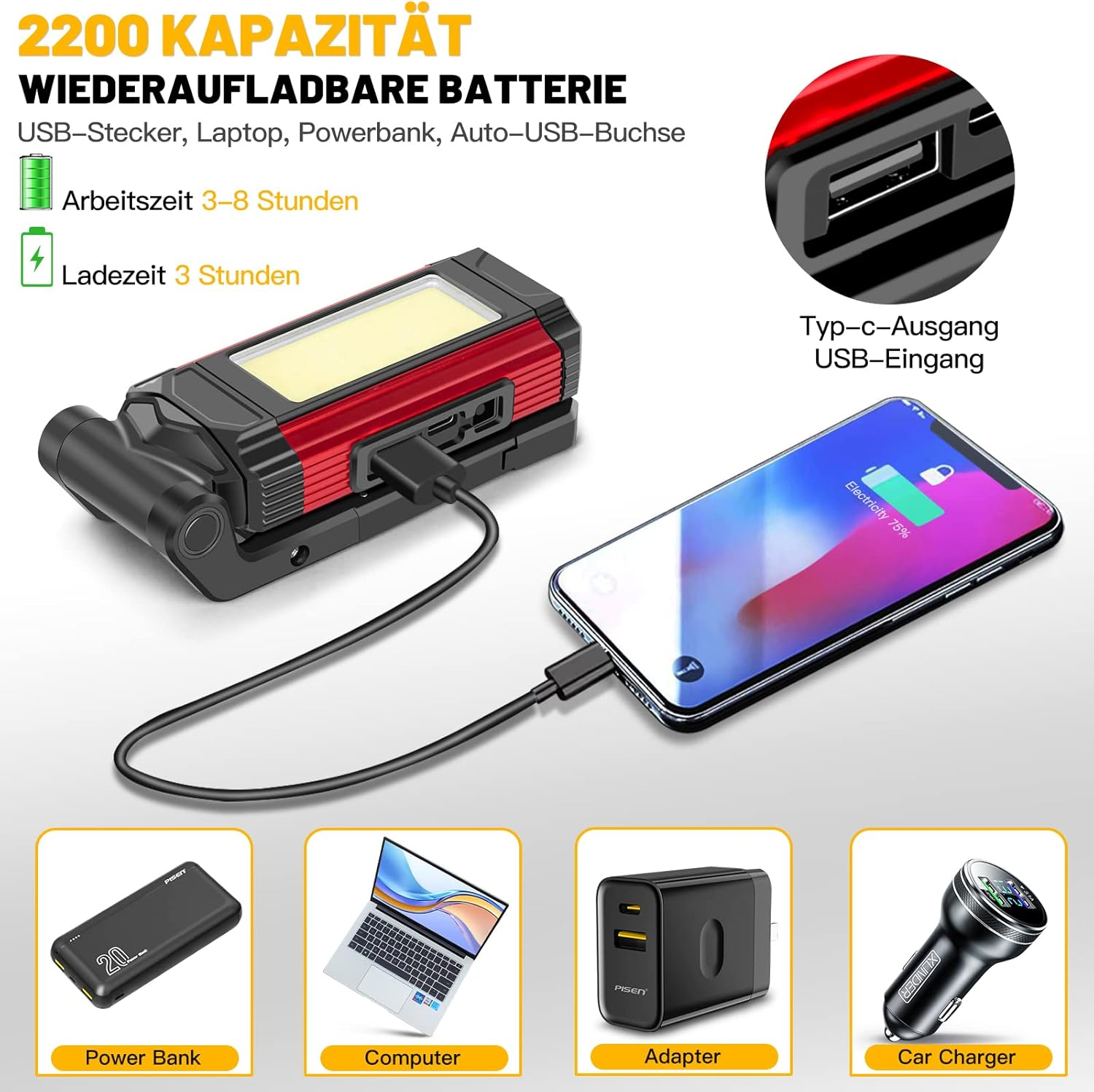 Ein Akku mit Powerbank, Telefon und Ladegerät. Zeigt ein ladendes Telefon, mit einer Powerbank und anderen Adaptern.