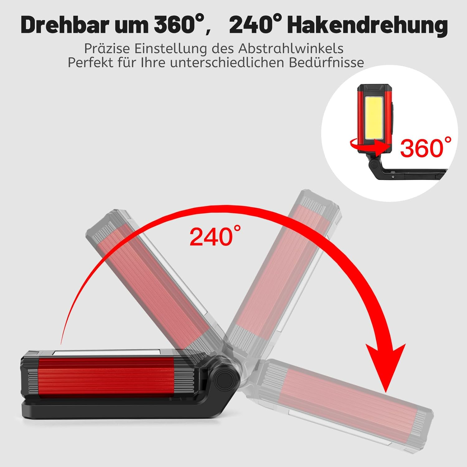 Das Bild zeigt eine drehbare Lampe mit 360- und 240-Grad-Winkeln. Ein roter Pfeil zeigt die Drehung an.