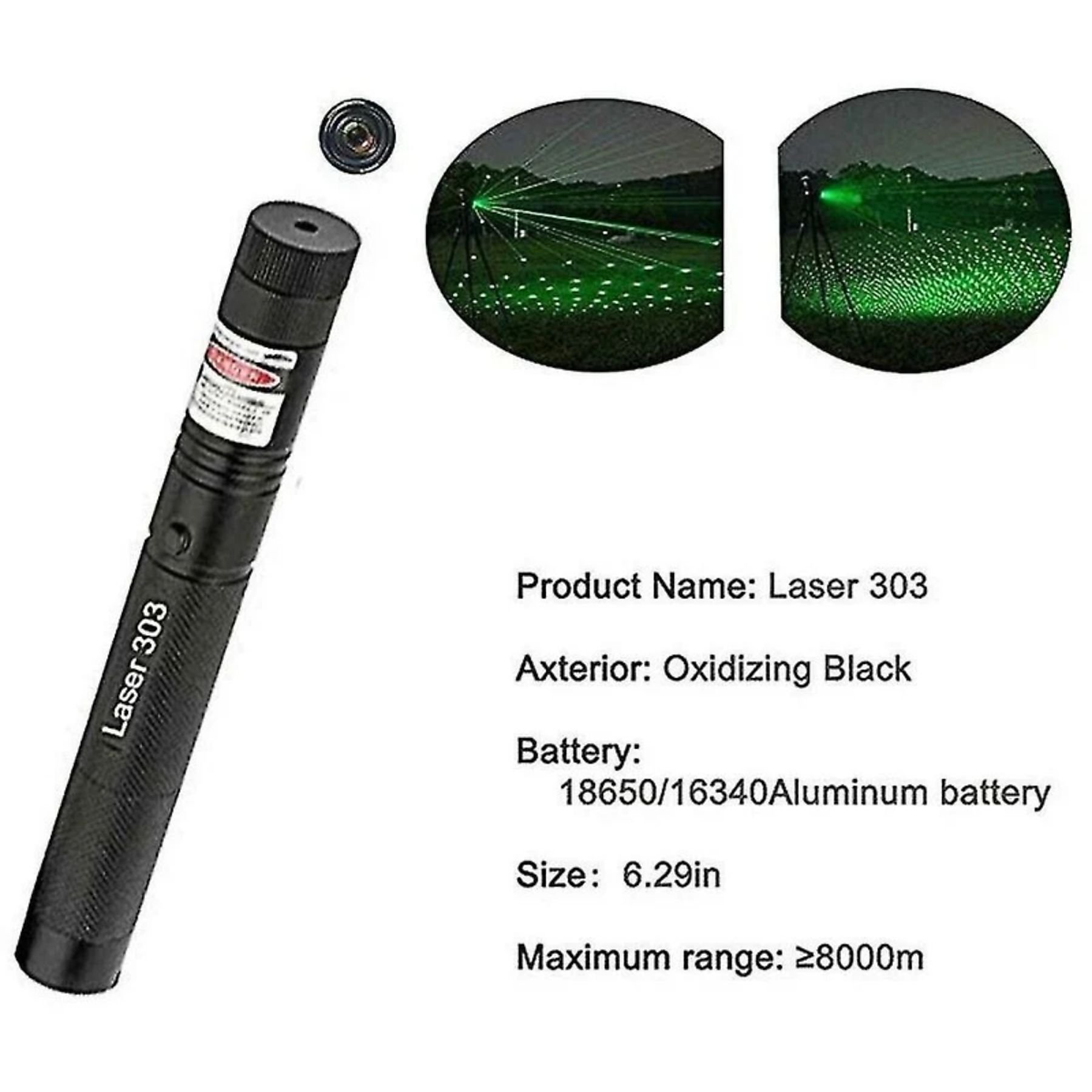 Schwarzer Laser 303-Zeiger mit zwei grünen Laserlichtprojektionen und Spezifikationen. Es zeigt den Produktnamen und Details.