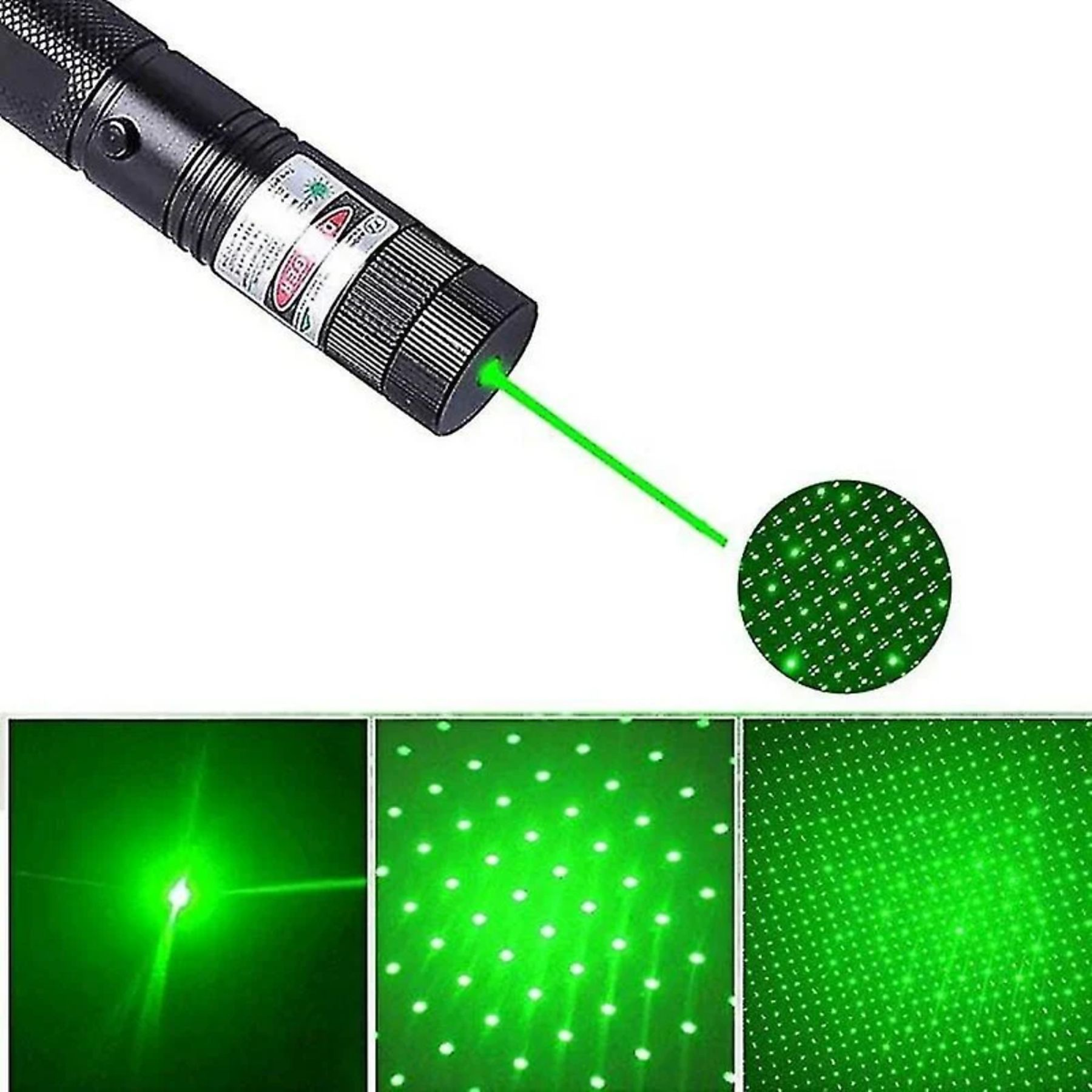 Ein schwarzer Laserpointer sendet einen hellgrünen Strahl aus. Mehrere grüne Punktmuster werden gezeigt. Warnhinweise sind sichtbar.