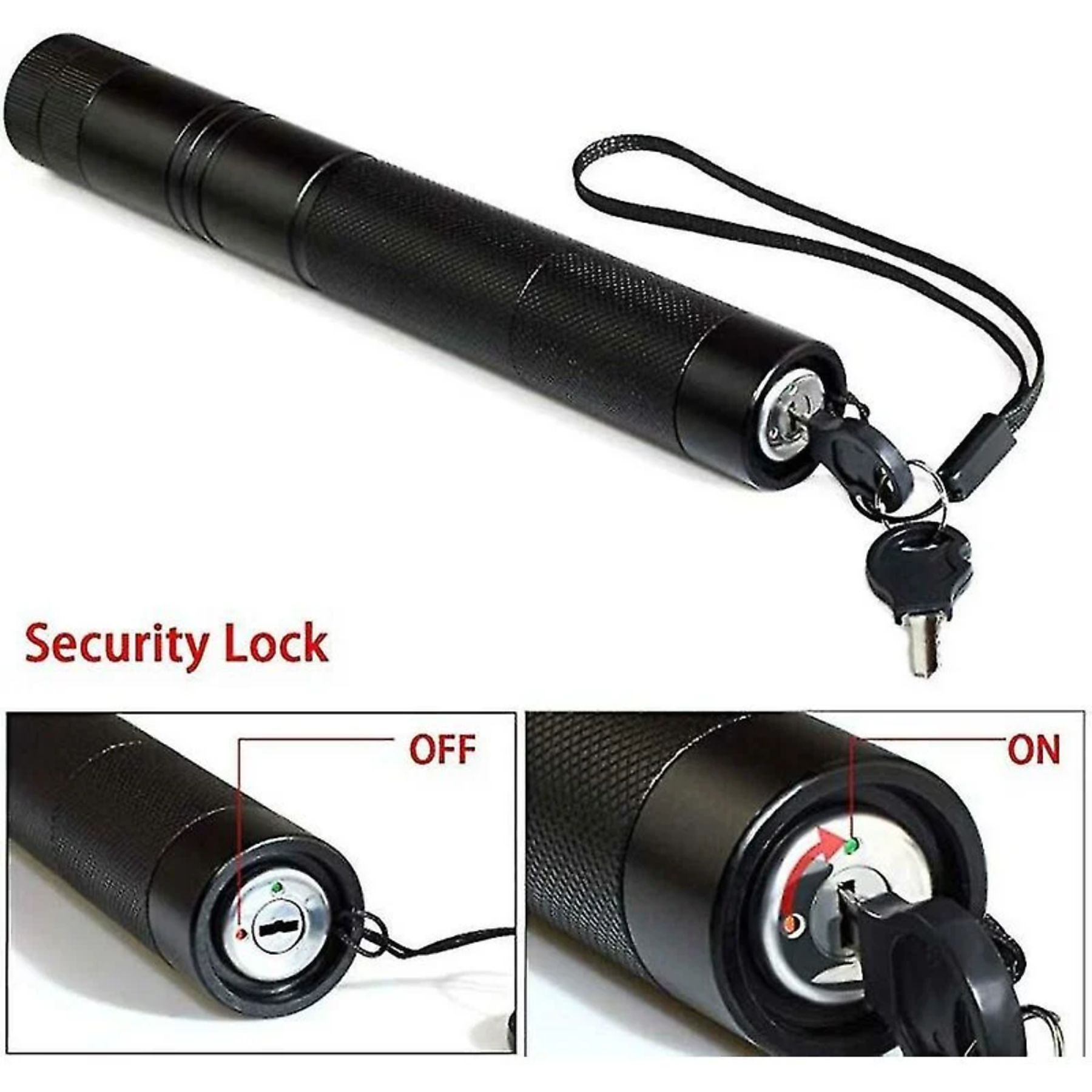 Schwarzer Laserpointer mit Schlüsselsperre, Schlüssel befestigt. Nahaufnahmen zeigen 'OFF' und 'ON'. Die Sicherheitsverriegelung ist beschriftet.
