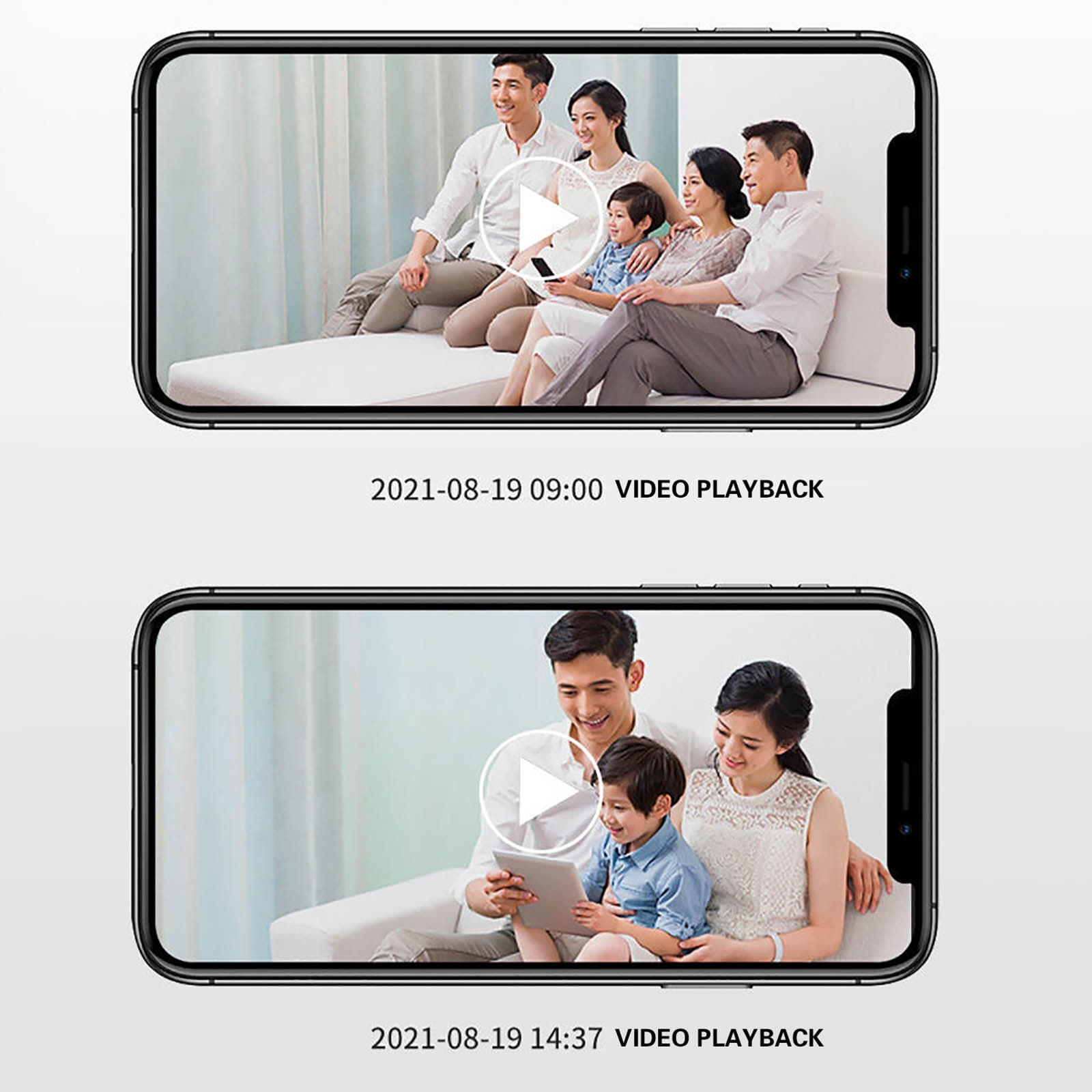 Zwei Telefonbildschirme mit Familienszenen. Der obere Bildschirm zeigt eine fünfköpfige Familie; der untere eine dreiköpfige.