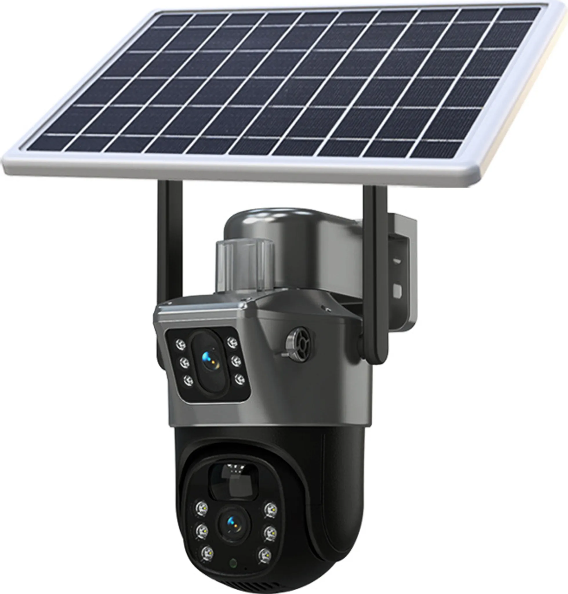 Eine Überwachungskamera mit Solarpanel. Die Kamera ist schwarz und grau mit mehreren Lichtern. Es hat einen weißen Rahmen.