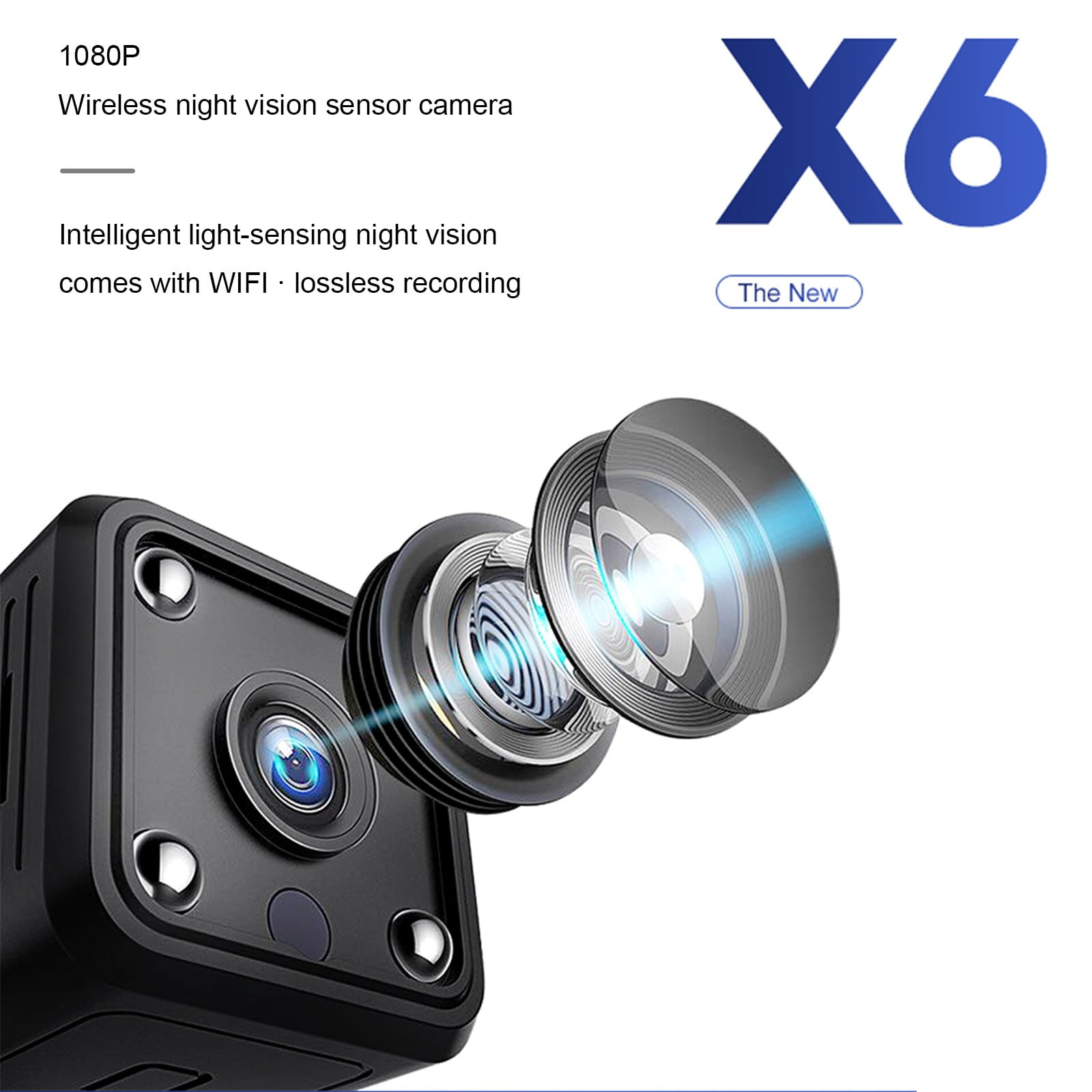 Eine schwarze Kamera mit Linsen. Text sagt 'X6', 'Wireless-Nachtsichtkamera' und 'The New'.