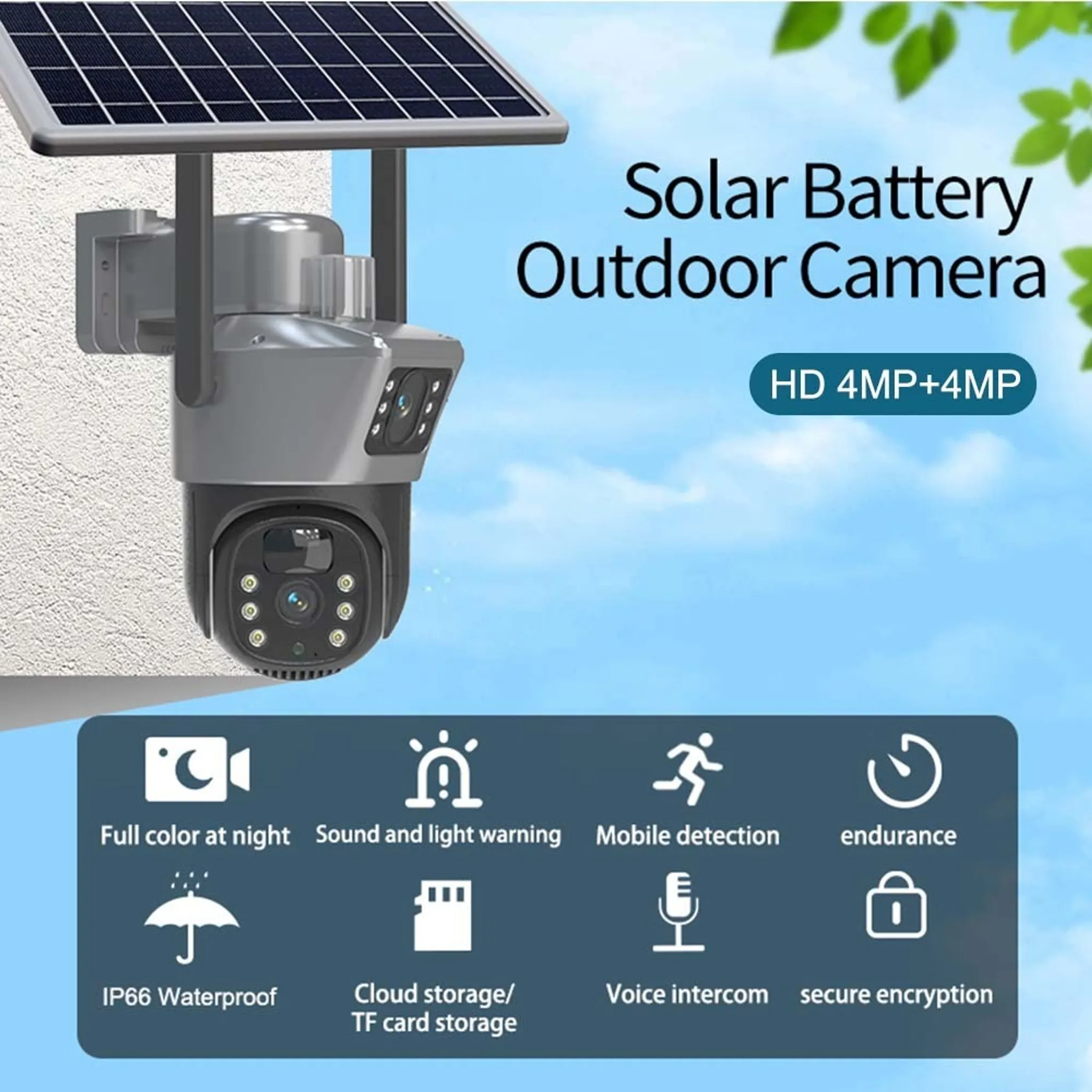 Outdoor-Solarbatteriekamera mit Solarpanel. Zu den Funktionen gehören Nachtsicht, Tonwarnung, Bewegungserkennung und sichere Verschlüsselung.