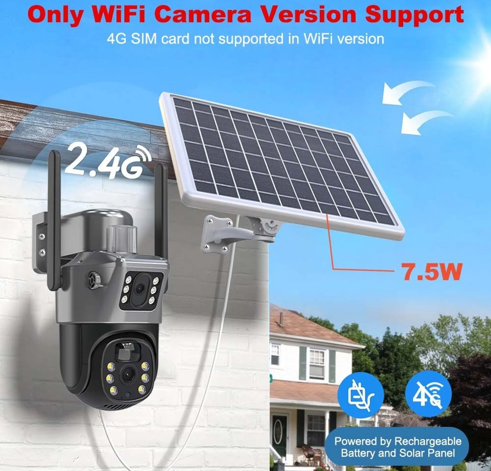 Überwachungskamera mit Solarpanel, im Freien montiert. Ein Haus ist im Hintergrund. Text weist auf WiFi-Unterstützung hin.