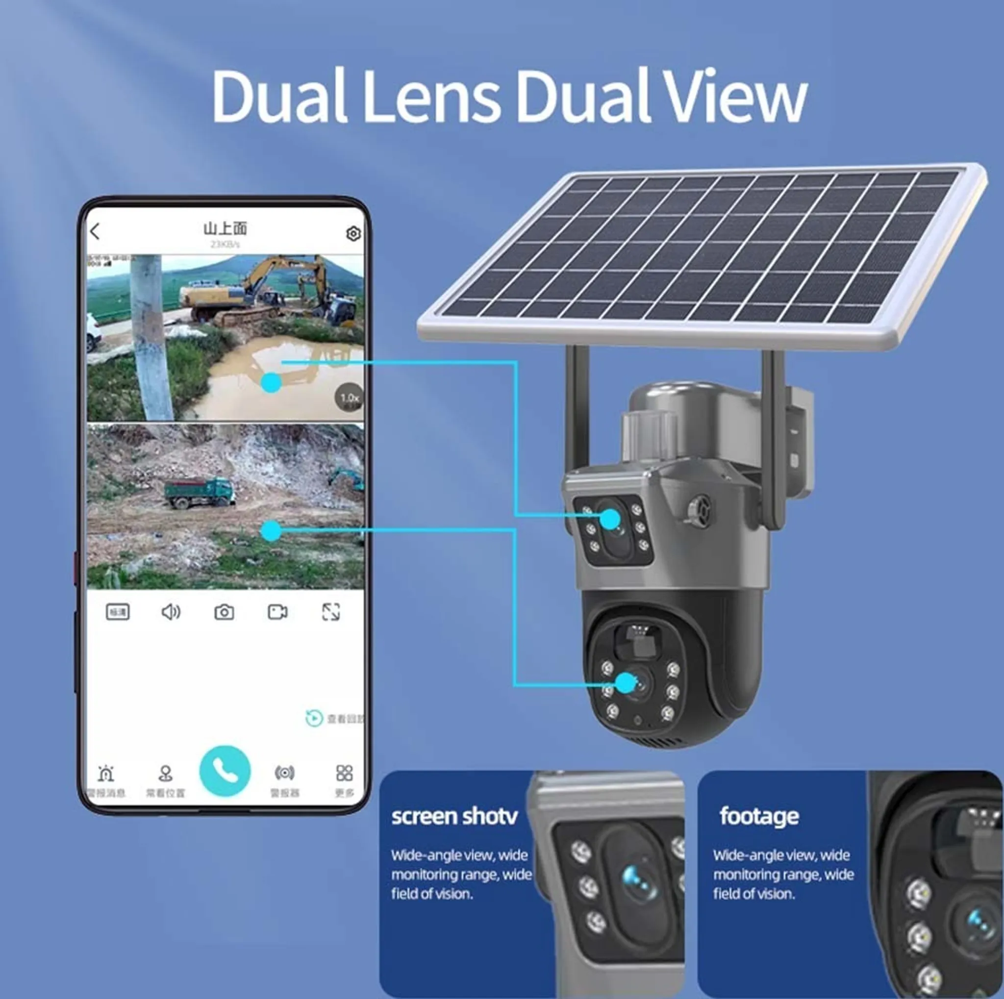 Eine Überwachungskamera mit Solarpanel und ein Telefon, das Live-Aufnahmen einer Baustelle anzeigt.