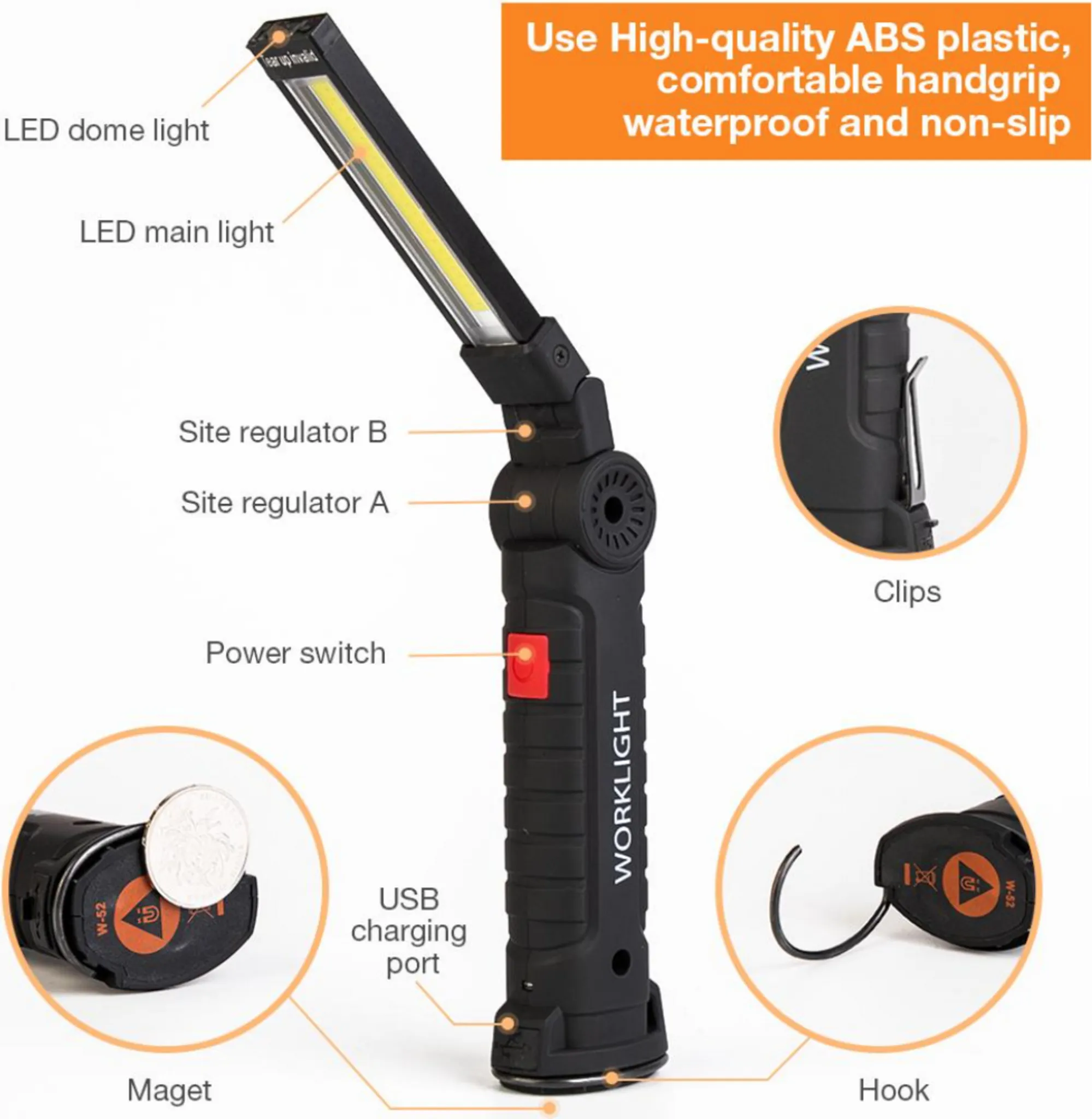 Schwarze Arbeitsleuchte mit LED, Netzschalter, USB-Anschluss und Haken. Sie hat Clips und eine Münze am Ende.