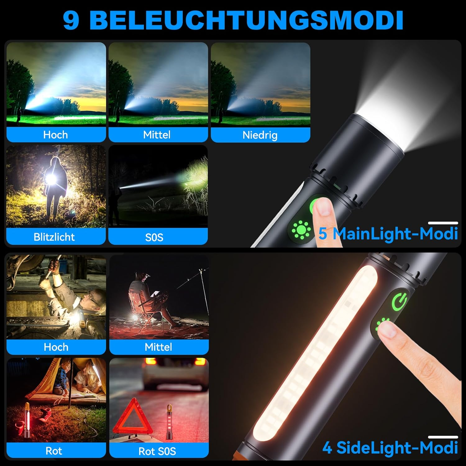 Das Bild zeigt 9 Beleuchtungsmodi einer Taschenlampe. Enthält Haupt- und Seitenlichter mit verschiedenen Helligkeitseinstellungen und SOS-Modi.
