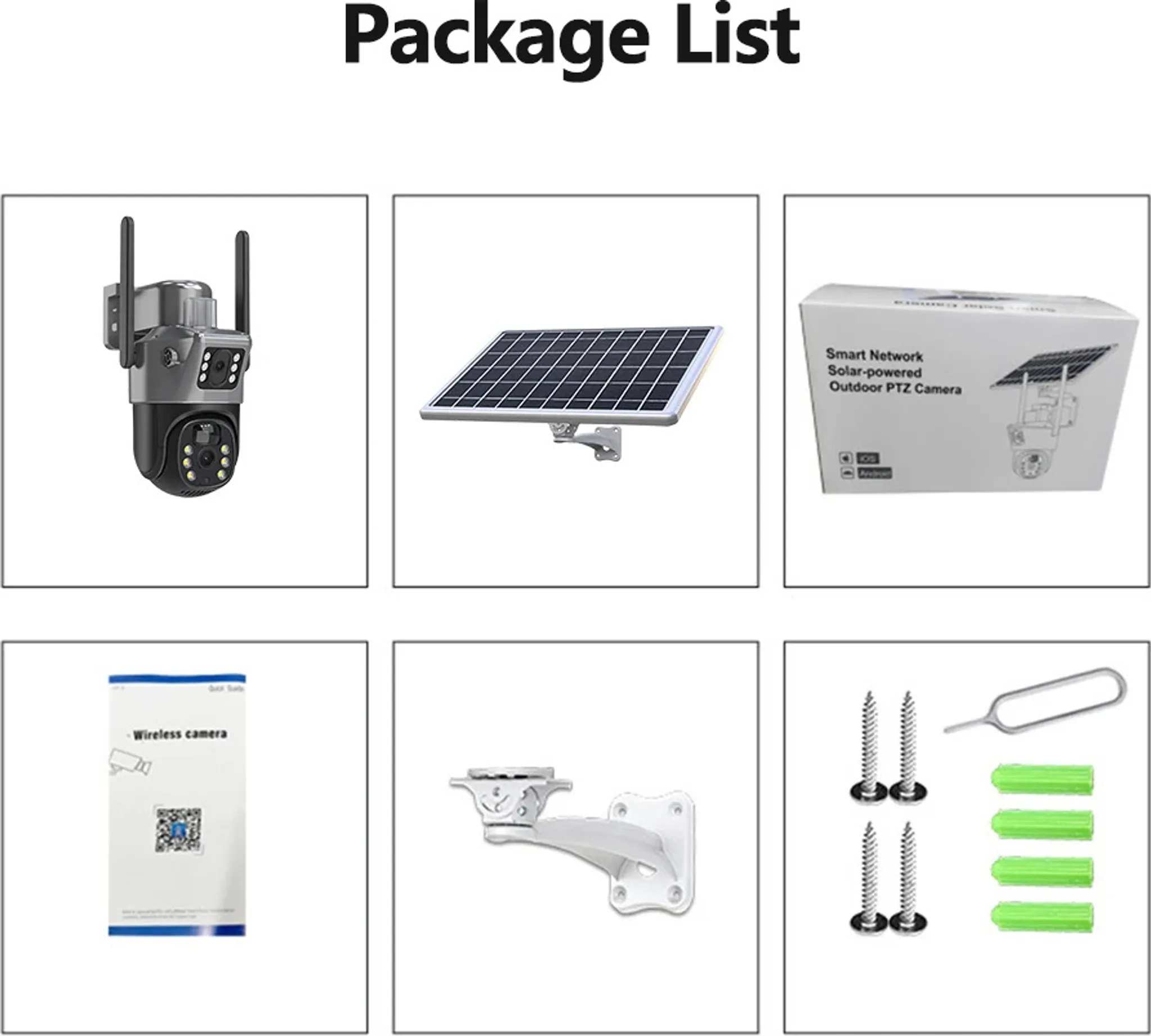 Paketliste mit Kamera, Solarpanel, Box, Handbuch, Halterung, Schrauben und Werkzeugen. Jeder Artikel ist quadratisch.